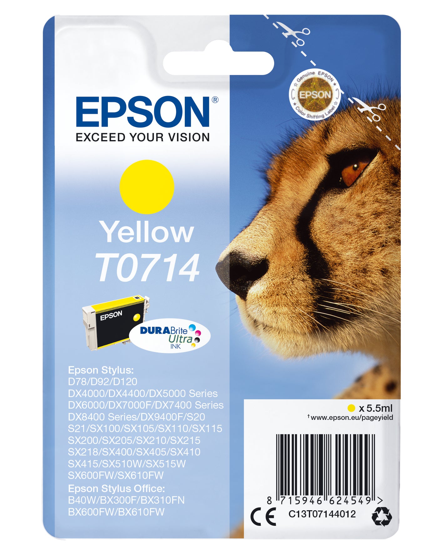 Epson T0714 Gelbe Tintenpatrone (Original) – 480 Seiten – für Epson Stylus CX4300, Stylus D120, Stylus DX4000