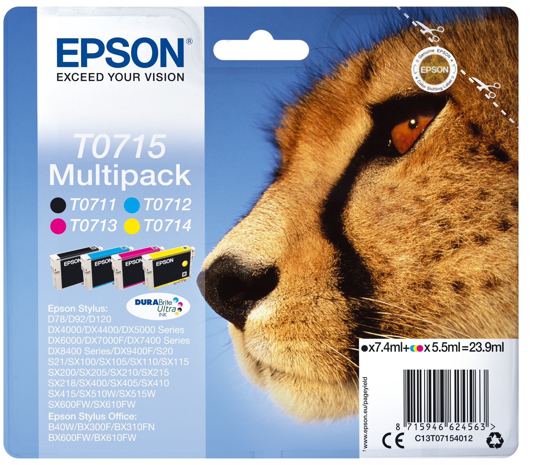 Epson T0715 Tintenpatronen-Multipack, Schwarz/Cyan/Magenta/Gelb (Original) – für Stylus DX4000/DX4050/DX4400