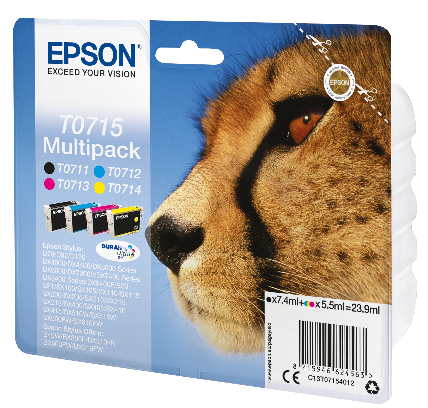 Epson T0715 Tintenpatronen-Multipack, Schwarz/Cyan/Magenta/Gelb (Original) – für Stylus DX4000/DX4050/DX4400