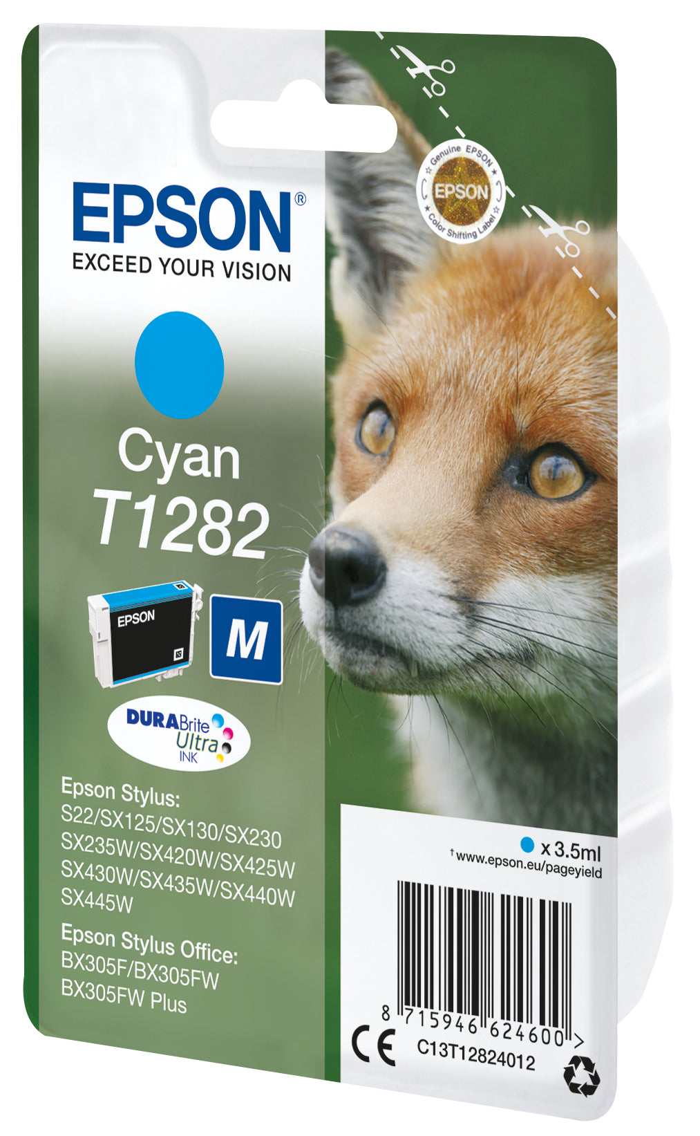 Epson T1282 Cyan Tintenpatrone (Original) – 3,5 ml – für Epson Stylus SX445W/SX440W/SX435W … – C13T12824022