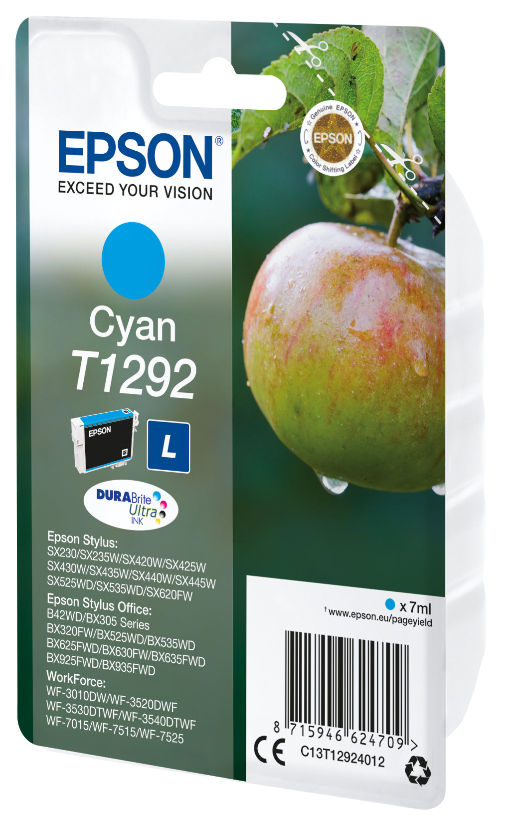 Epson T1292 Cyan Tintenpatrone (Original) – 7 ml – für Epson WorkForce WF-3520/3530/3540 – C13T12924022