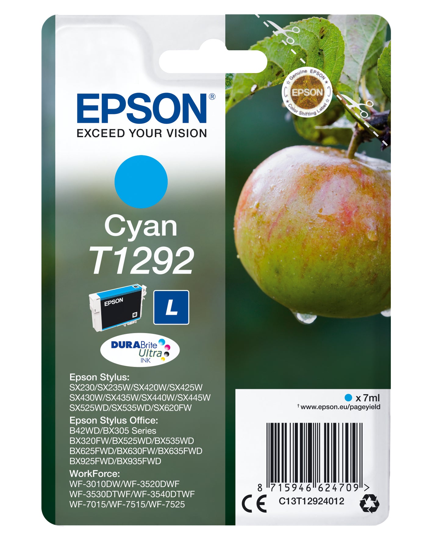 Epson T1292 Cyan Tintenpatrone (Original) – 7 ml – für Epson WorkForce WF-3520/3530/3540 – C13T12924022