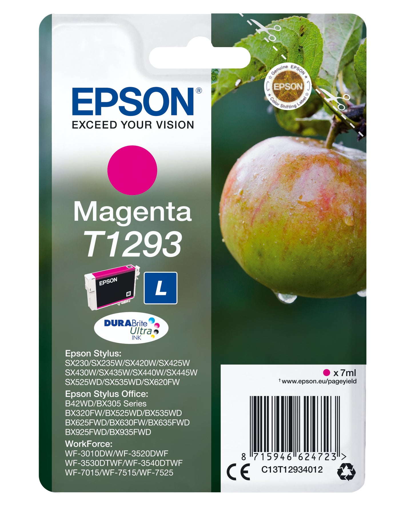 Epson T1293 Magenta Tintenpatrone (Original) – 7 ml – für WorkForce WF-3520DWF/WF-7525/WF-7515 – C13T12934022