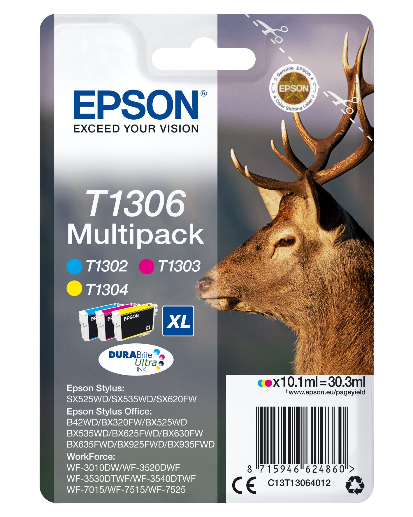 Epson Tintenpatronen-Multipack T1306, cyan, magenta, gelb, 765 Seiten, 3er-Pack – für diverse Modelle