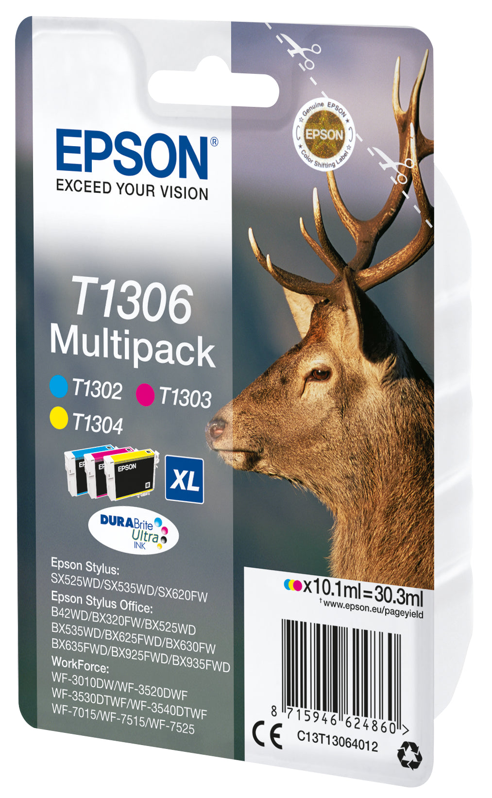 Epson Tintenpatronen-Multipack T1306, cyan, magenta, gelb, 765 Seiten, 3er-Pack – für diverse Modelle