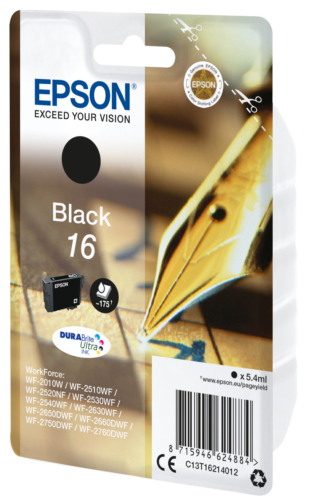 Epson 16 Schwarze Tintenpatrone (Original) – 175 Seiten – für WorkForce WF-2760DWF/2750DWF/2660DWF