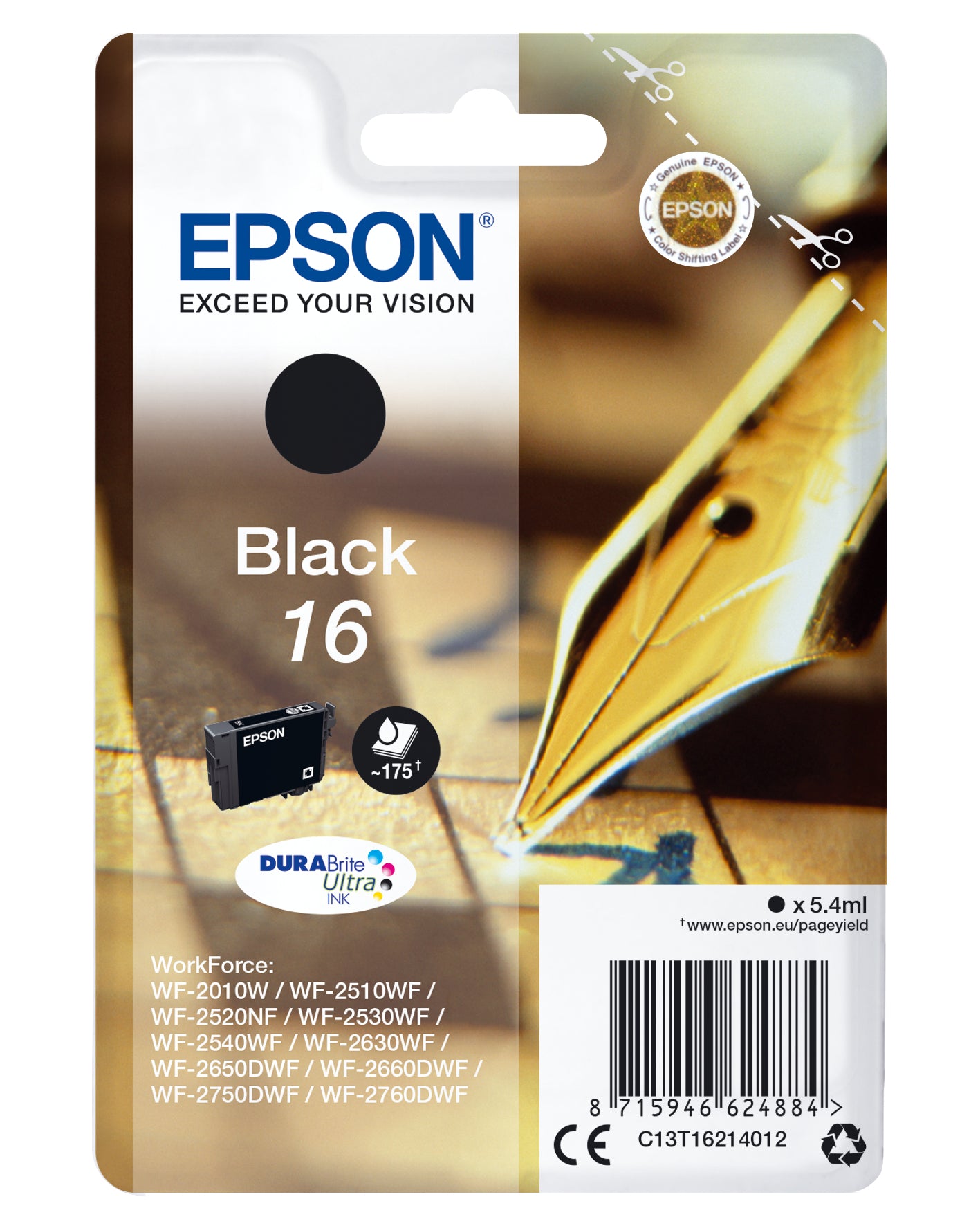 Epson 16 Schwarz Tintenpatrone (Original) – 175 Seiten – für Epson WorkForce WF-2760DWF/2750DWF/2660DWF…