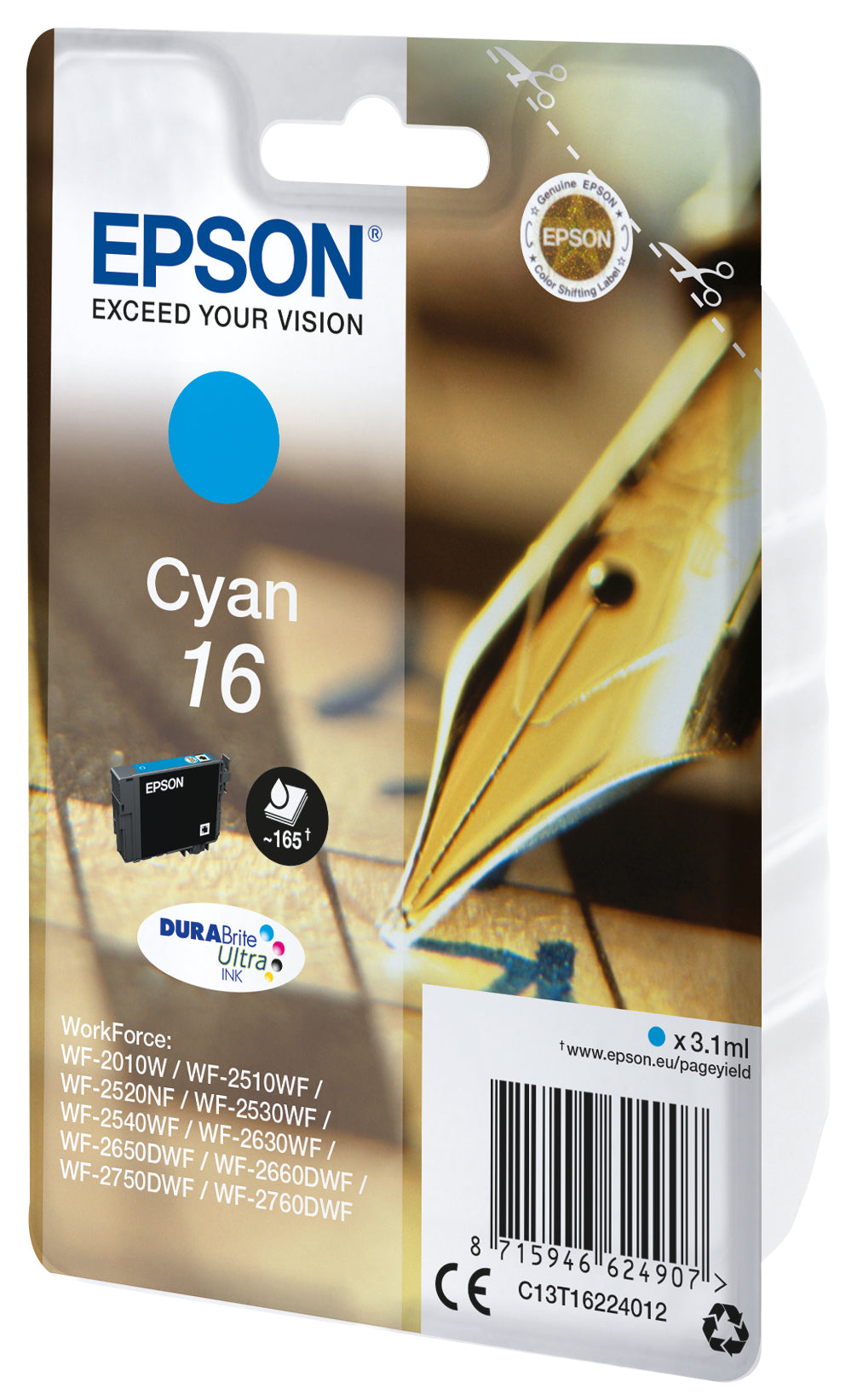 Epson Cyan Tintenpatrone (Original) – 165 Seiten – für Epson WorkForce WF-2760/2750/2660 … – C13T16224022