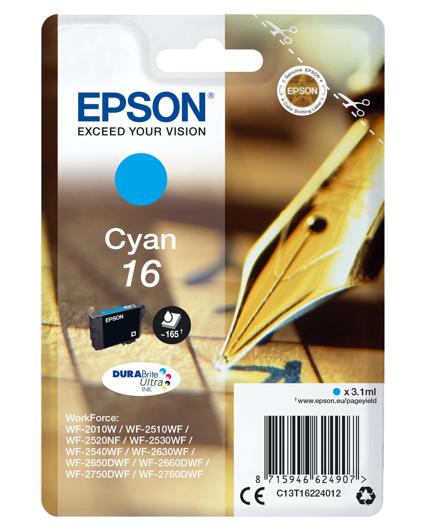 Epson 16 Cyan Tintenpatrone (Original) – 165 Seiten – für WorkForce WF-2760DWF/2750DWF/2660DWF …