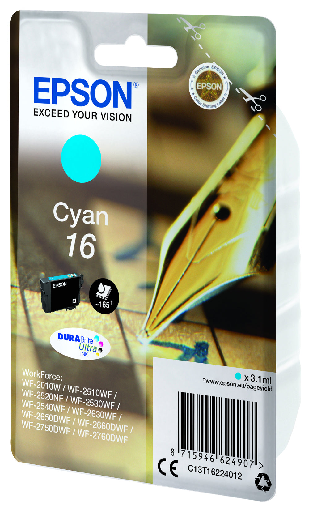 Epson Cyan Tintenpatrone (Original) – 165 Seiten – für Epson WorkForce WF-2760/2750/2660 … – C13T16224022