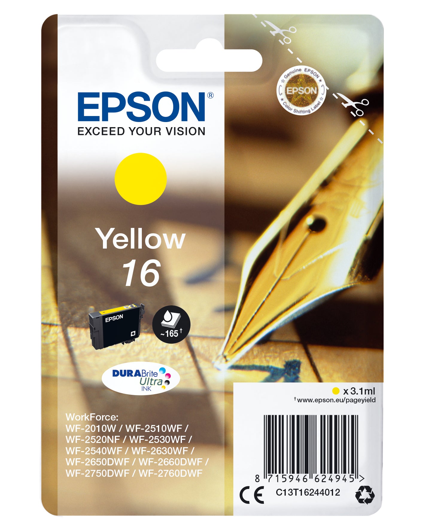 Epson Tintenpatrone 16, Gelb, 165 Seiten – für Tintenstrahldrucker und Multifunktionsgeräte