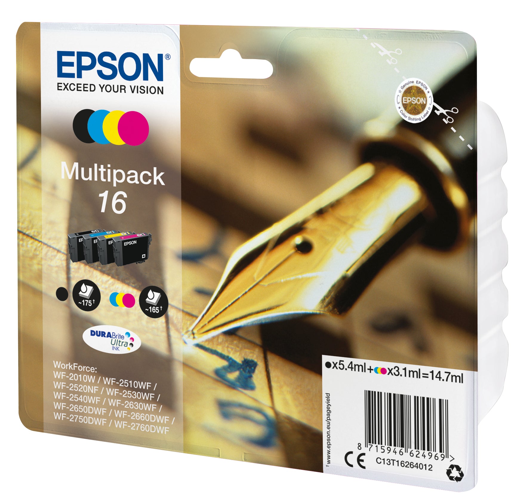 Epson Tintenpatronen-Multipack T1626, CMYK, 4er-Pack – für Inkjetdrucker/Multifunktionsgeräte