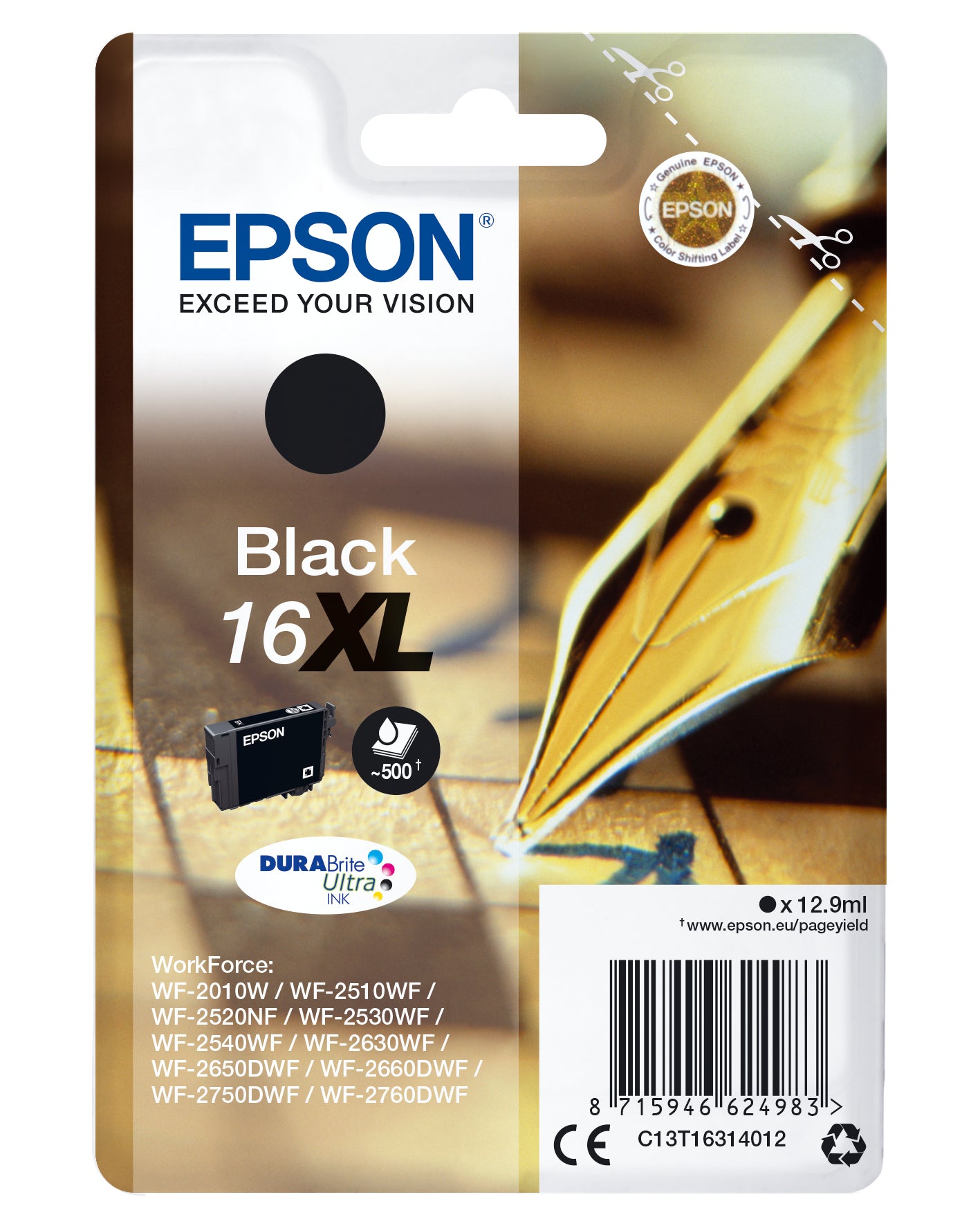 Epson 16XL Schwarz Tintenpatrone (Original) – 500 Seiten – für Epson WorkForce WF-2760DWF/2750DWF/2660DWF …