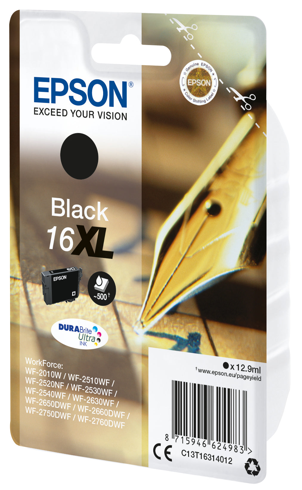Epson 16XL Schwarz Tintenpatrone (Original) – 500 Seiten – für Epson WorkForce WF-2760DWF/2750DWF/2660DWF …