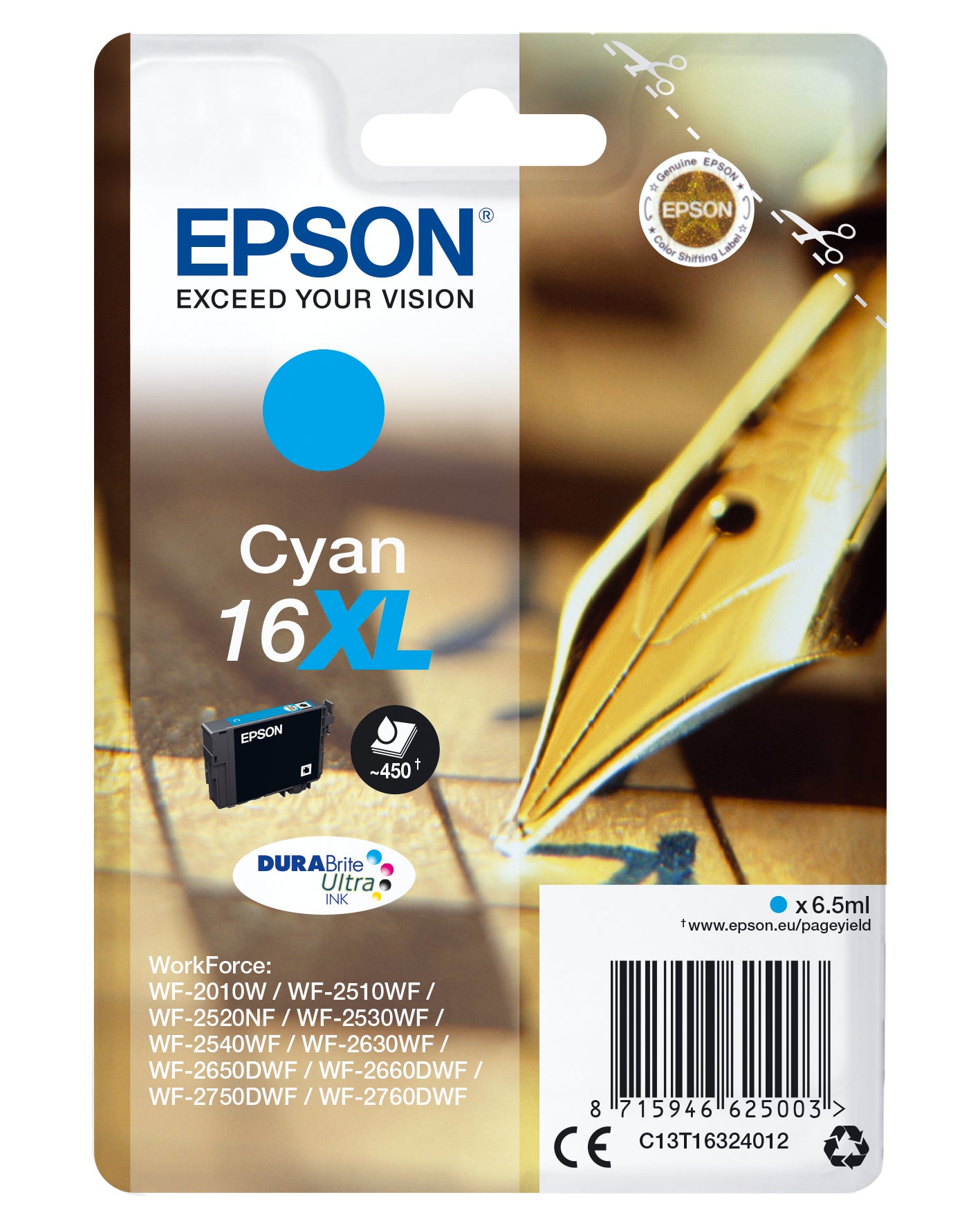 Epson 16XL Cyan Tintenpatrone (Original) – 450 Seiten – für WorkForce WF-2760DWF/2750DWF/2660DWF …