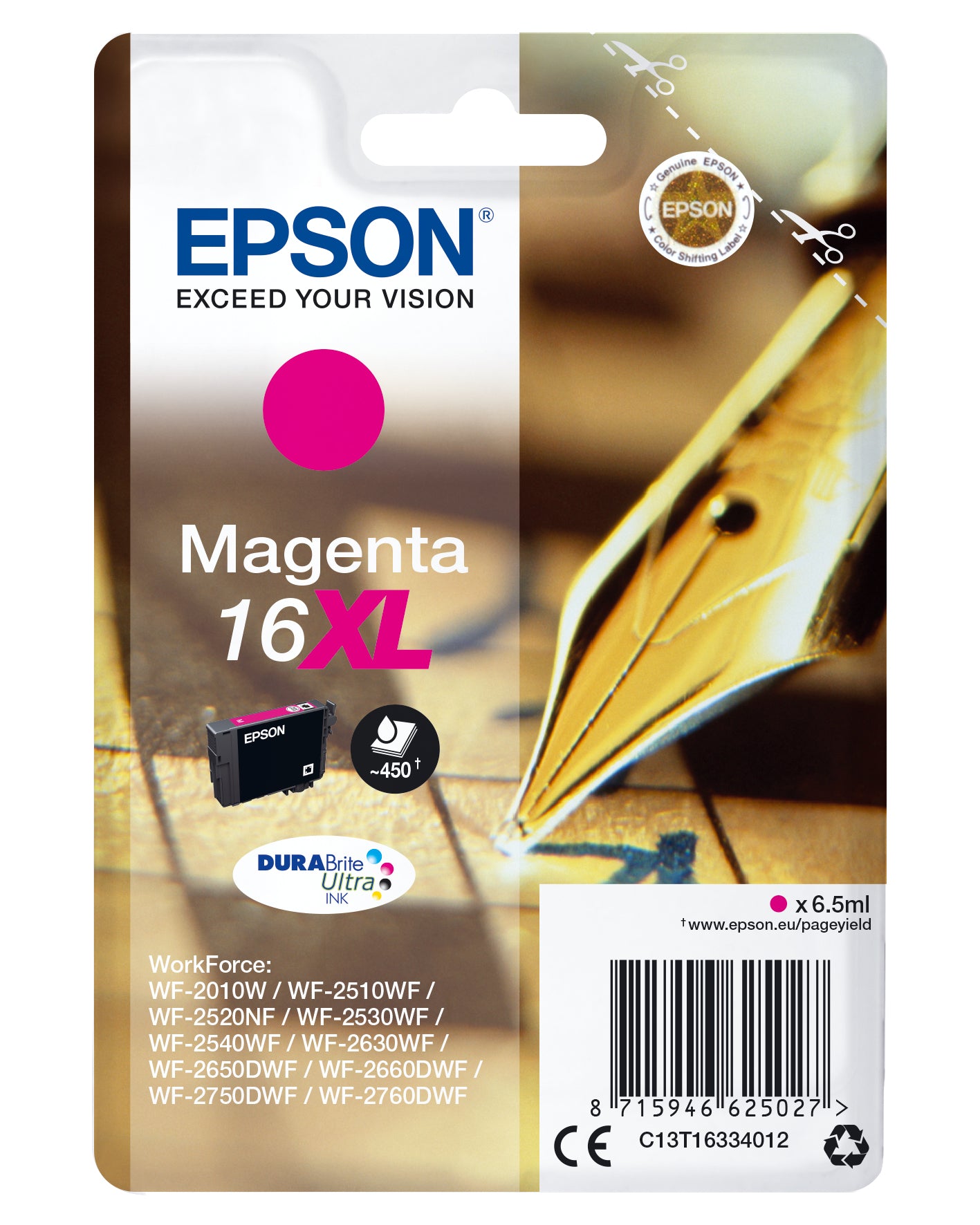 Epson 16XL Magenta Tintenpatrone (Original) – 450 Seiten – für WorkForce WF-2760DWF/2750DWF/2660DWF …