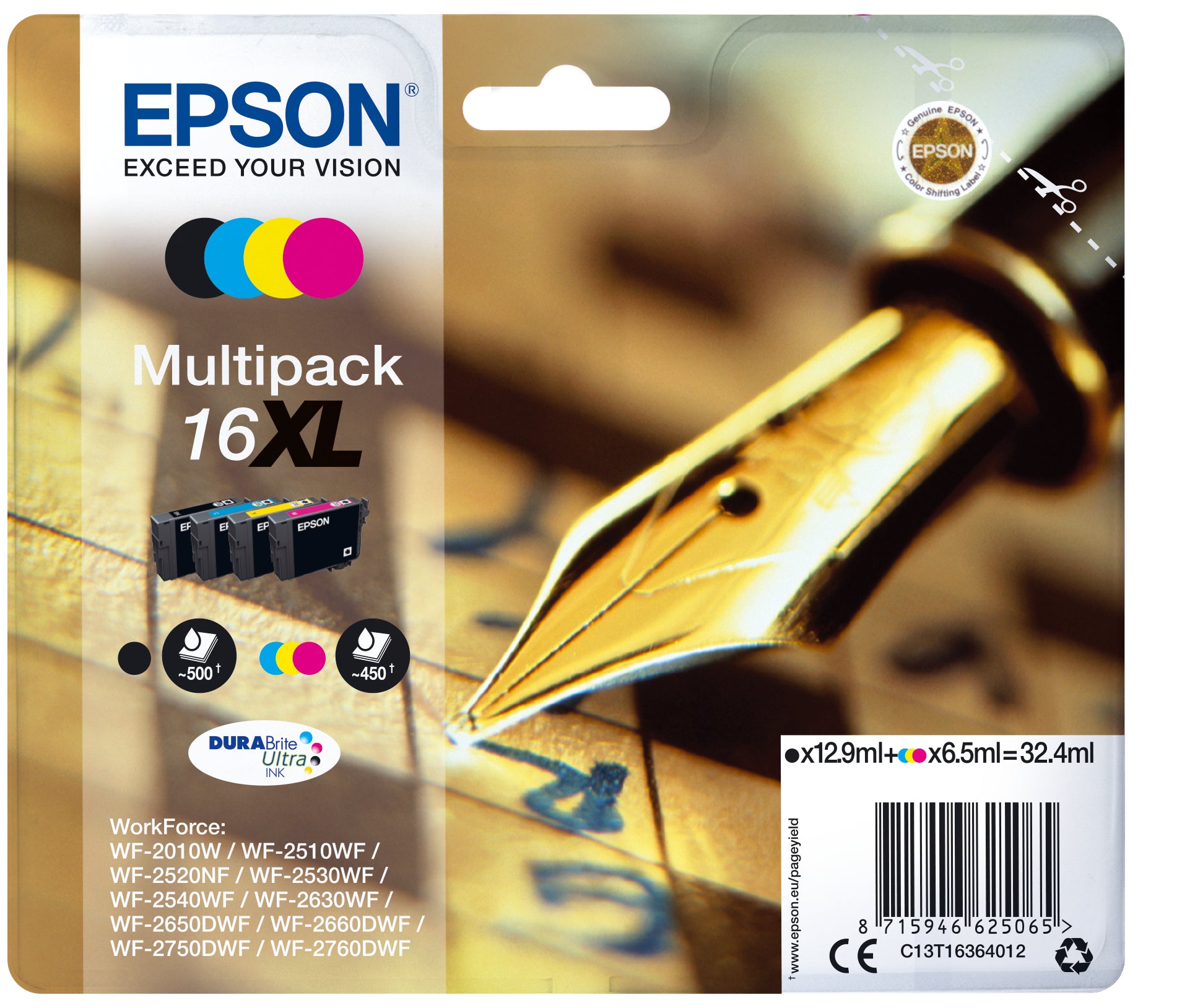 Epson Tintenpatronen-Multipack 16XL, CMYK, XL, 4er-Pack – für Inkjetdrucker/Multifunktionsgeräte