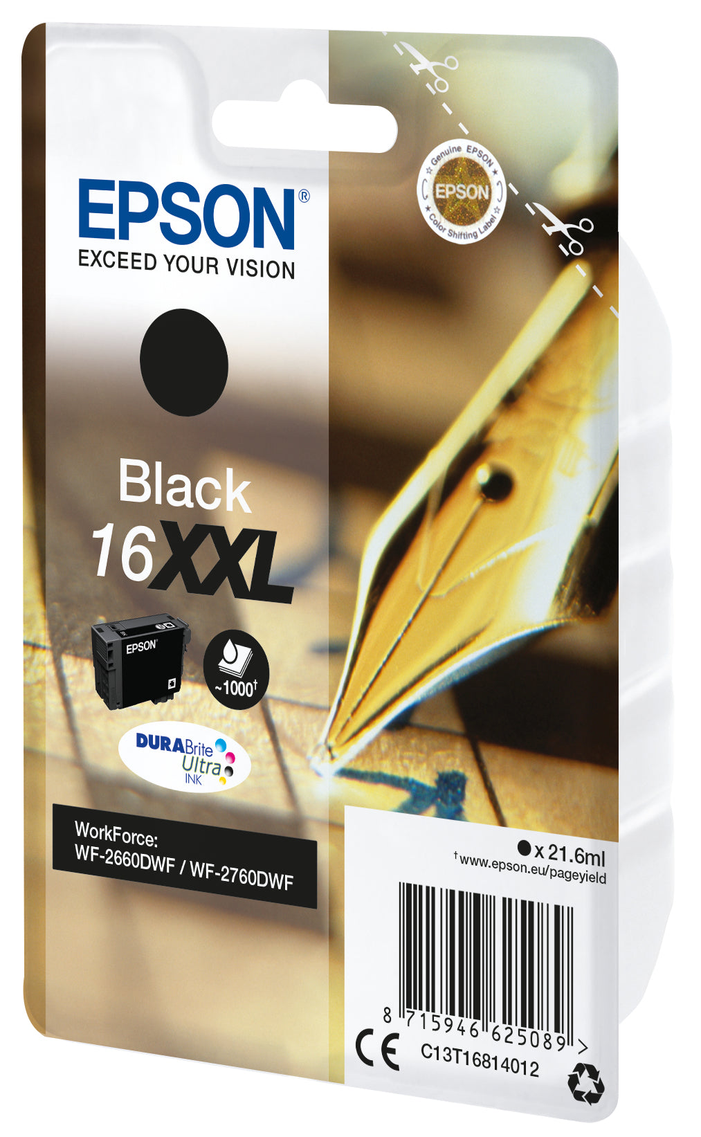 Epson 16XXL Schwarz Tintenpatrone (Original) – 1'000 Seiten – für WorkForce WF-2760DWF/2660DWF