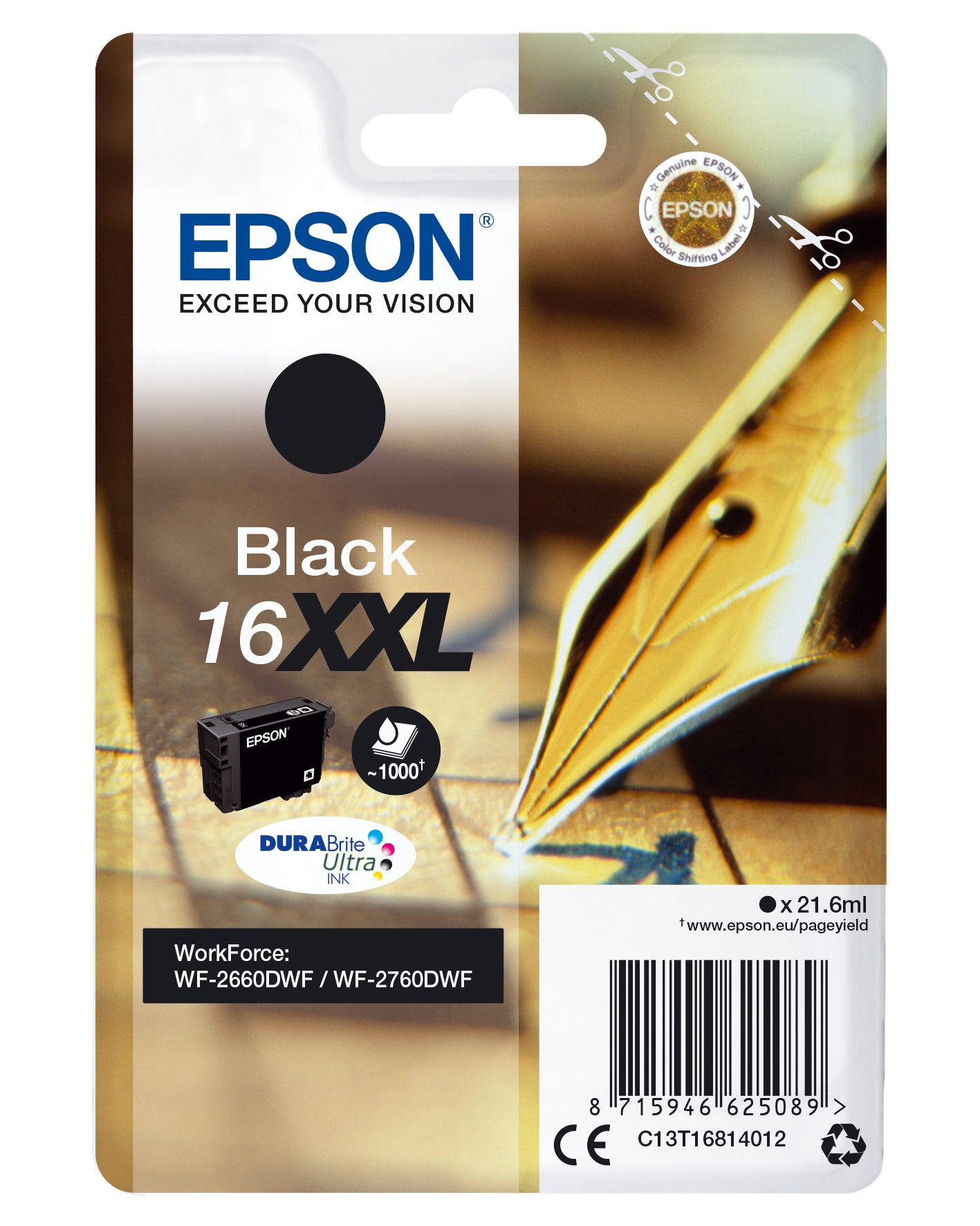 Epson 16XXL Schwarz Tintenpatrone (Original) – 1'000 Seiten – für WorkForce WF-2760DWF/2660DWF