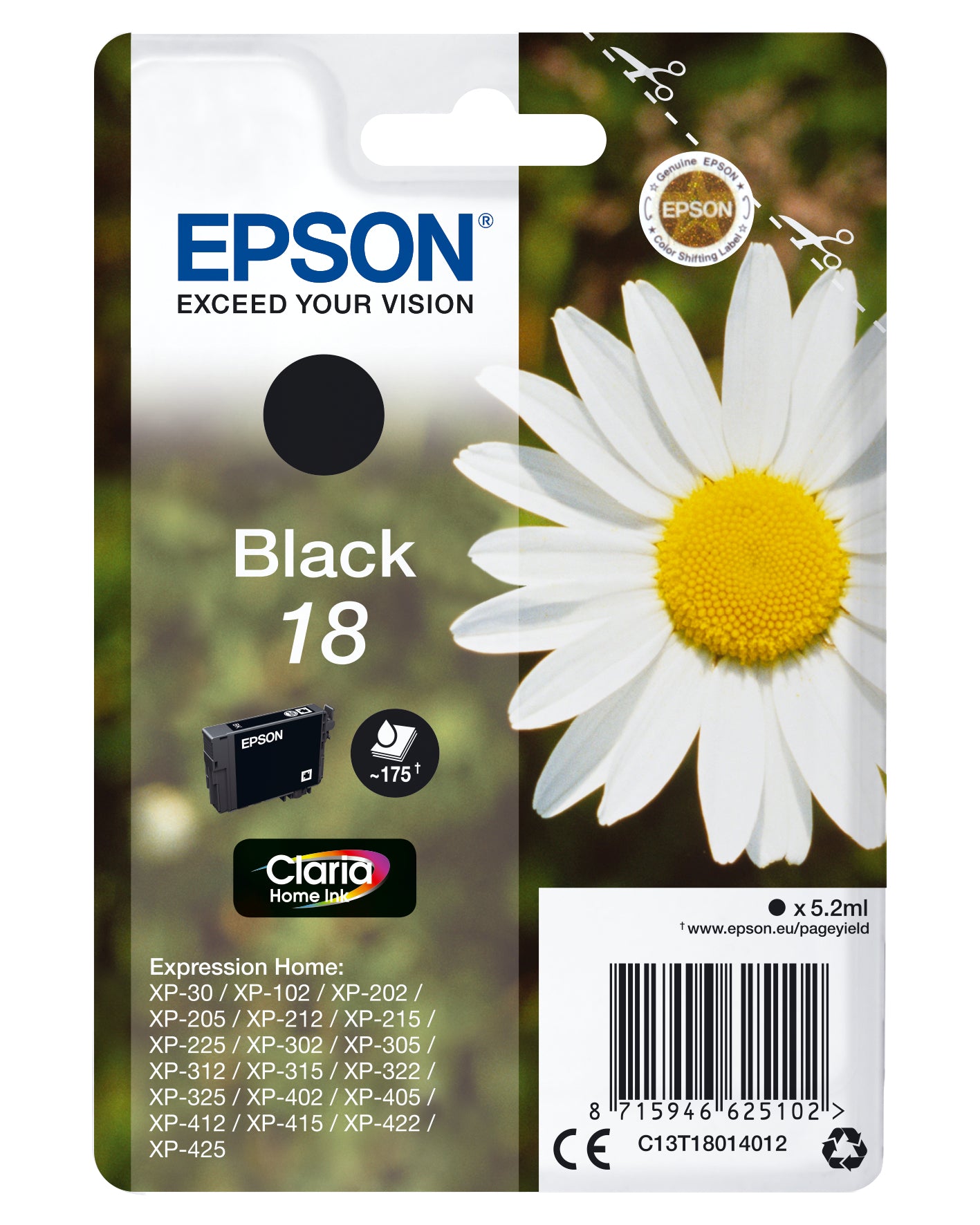 Epson 18 Schwarz Tintenpatrone (Original) – 175 Seiten – für Epson Expression Home XP-425/422/415 …