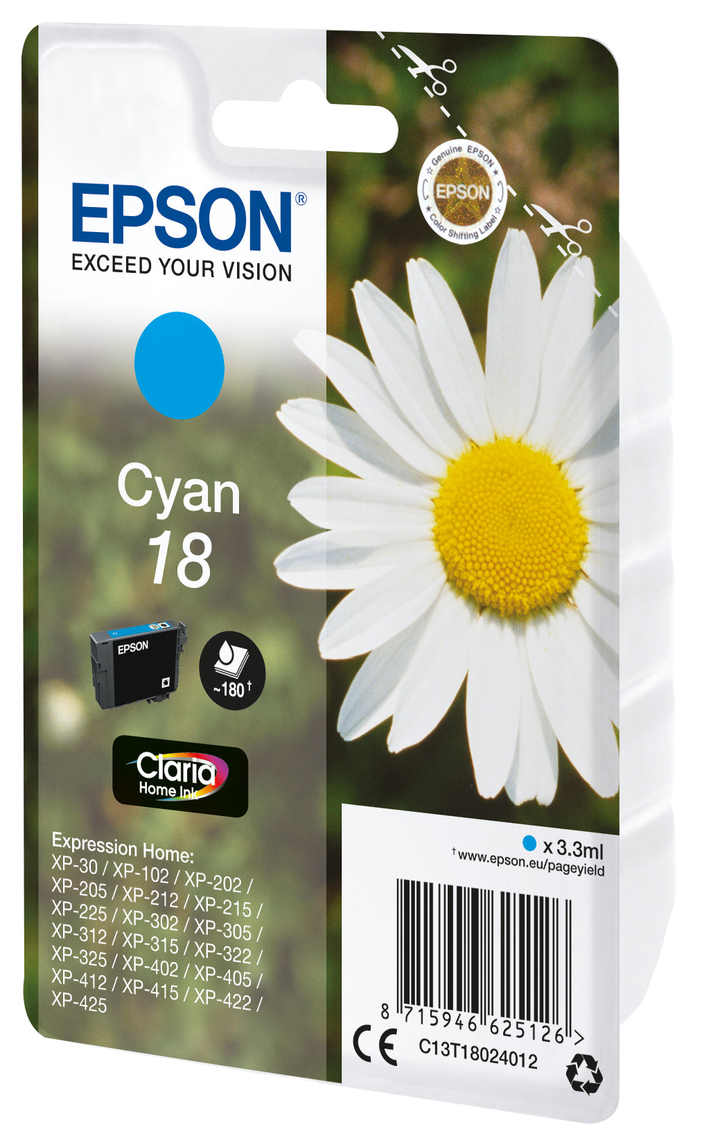 Epson 18 Cyan Tintenpatrone (Original) – 180 Seiten – für Epson Expression Home XP-425/XP-422/XP-415