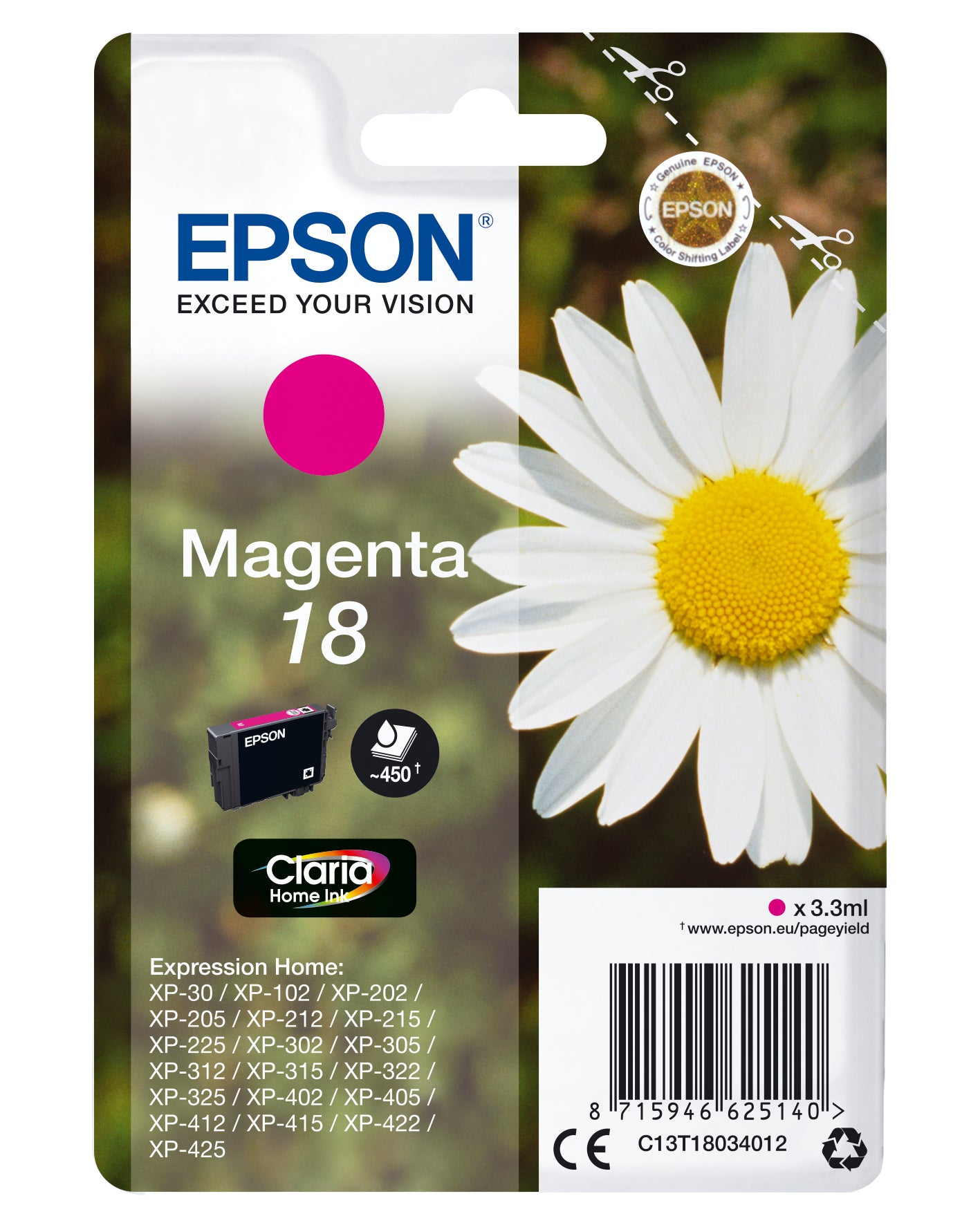 Epson 18 Magenta Tintenpatrone (Original) – 180 Seiten – für Expression Home XP-425/XP-422/XP-415 …