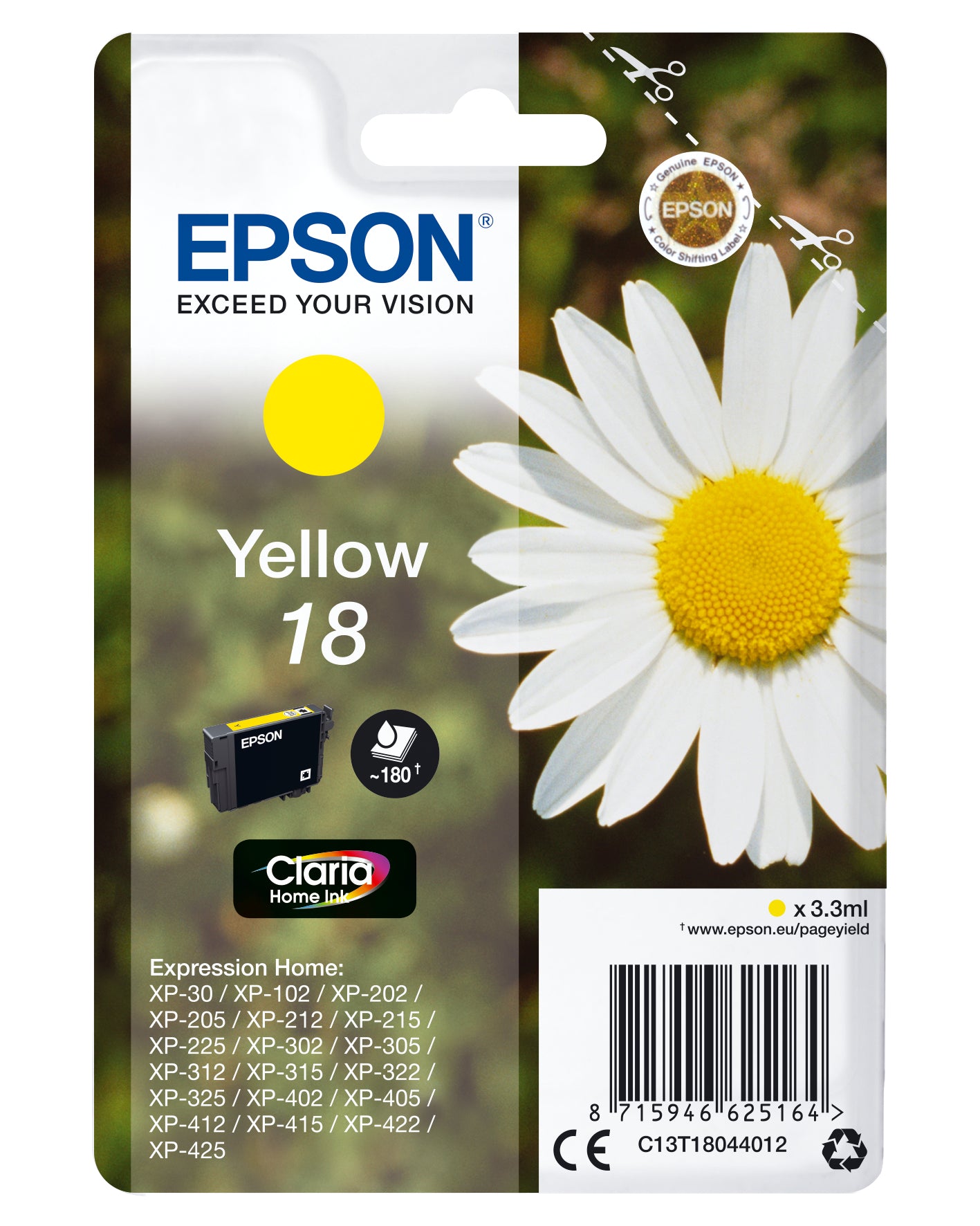 Epson 18 Gelbe Tintenpatrone (Original) – 180 Seiten – für Expression Home XP-425/422/415 …
