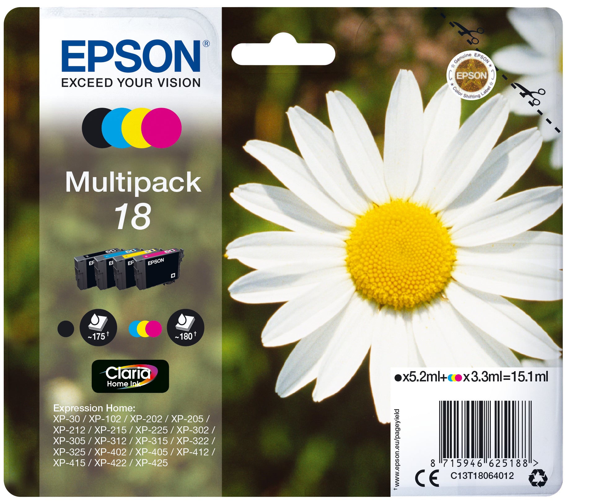 Epson Tintenpatronen-Multipack C13T18064022, CMYK, Original – für Expression Home XP-425, XP-422, XP-415 und andere
