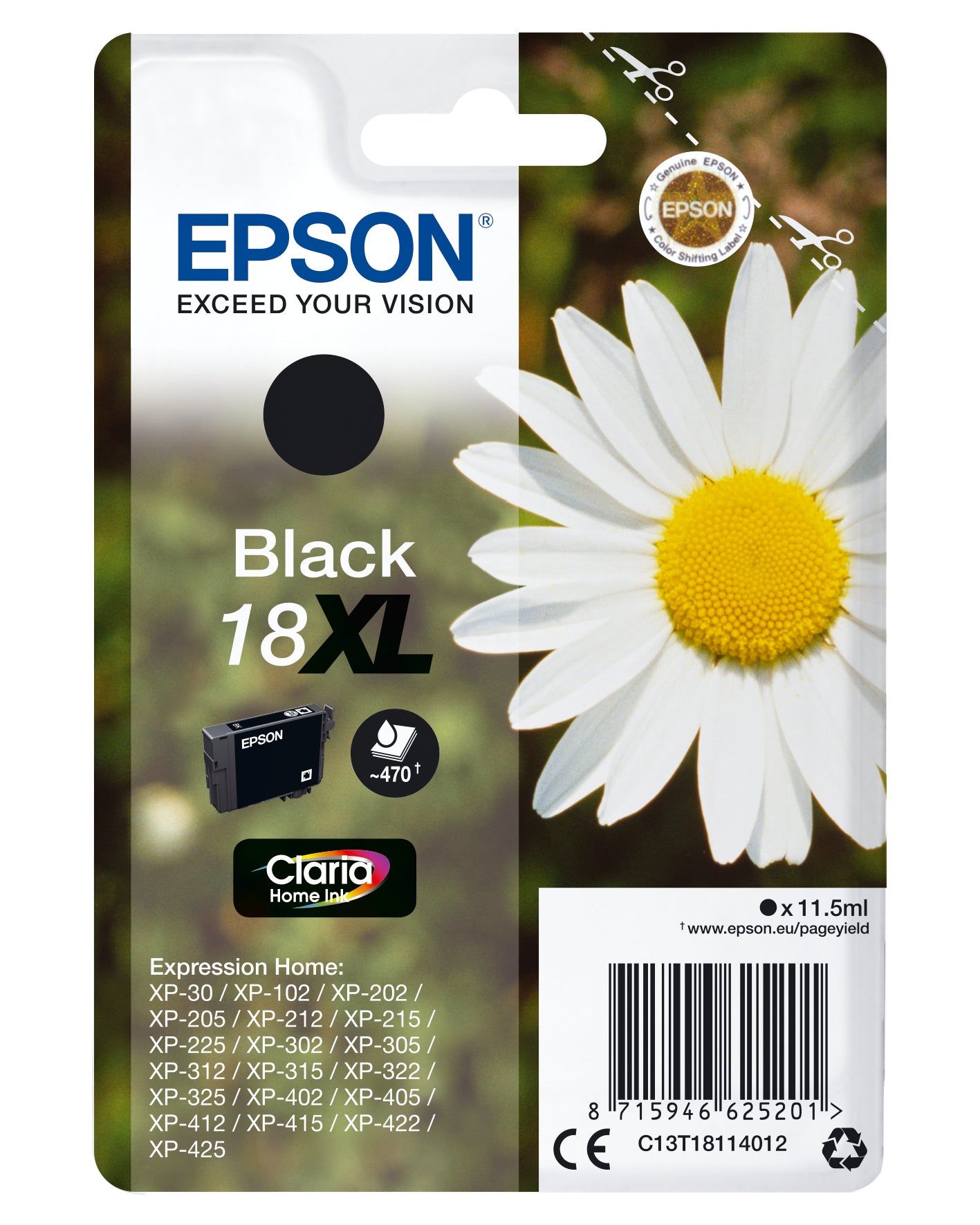 Epson 18XL Schwarz Tintenpatrone (Original) – 470 Seiten – für Expression Home XP-425/422/415 … – C13T18114012
