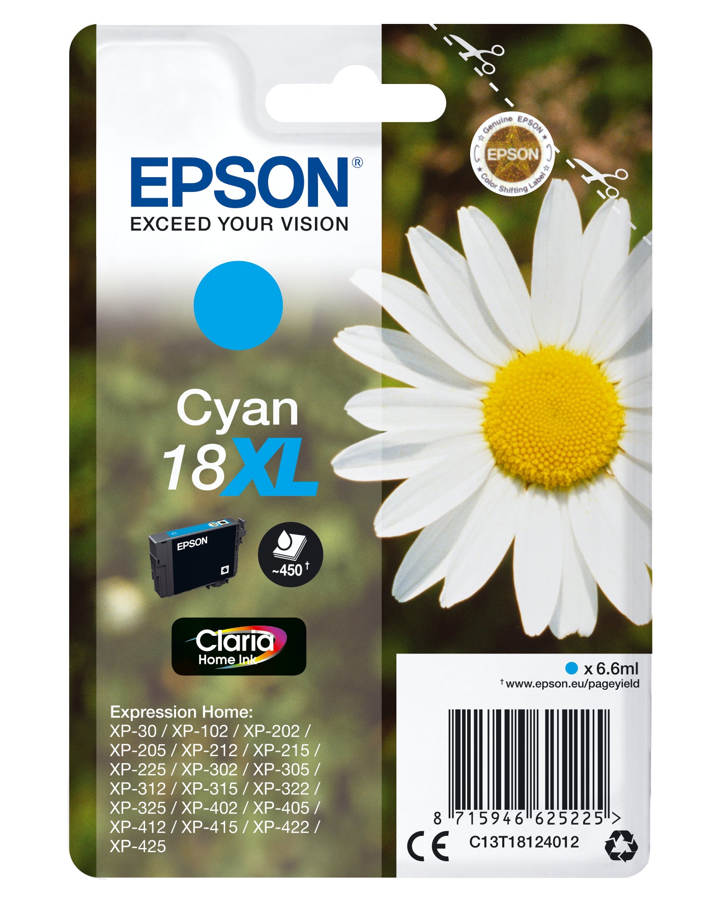 Epson Tintenpatrone 18XL, cyan, XL, 450 Seiten – für Inkjetdrucker/Multifunktionsgeräte