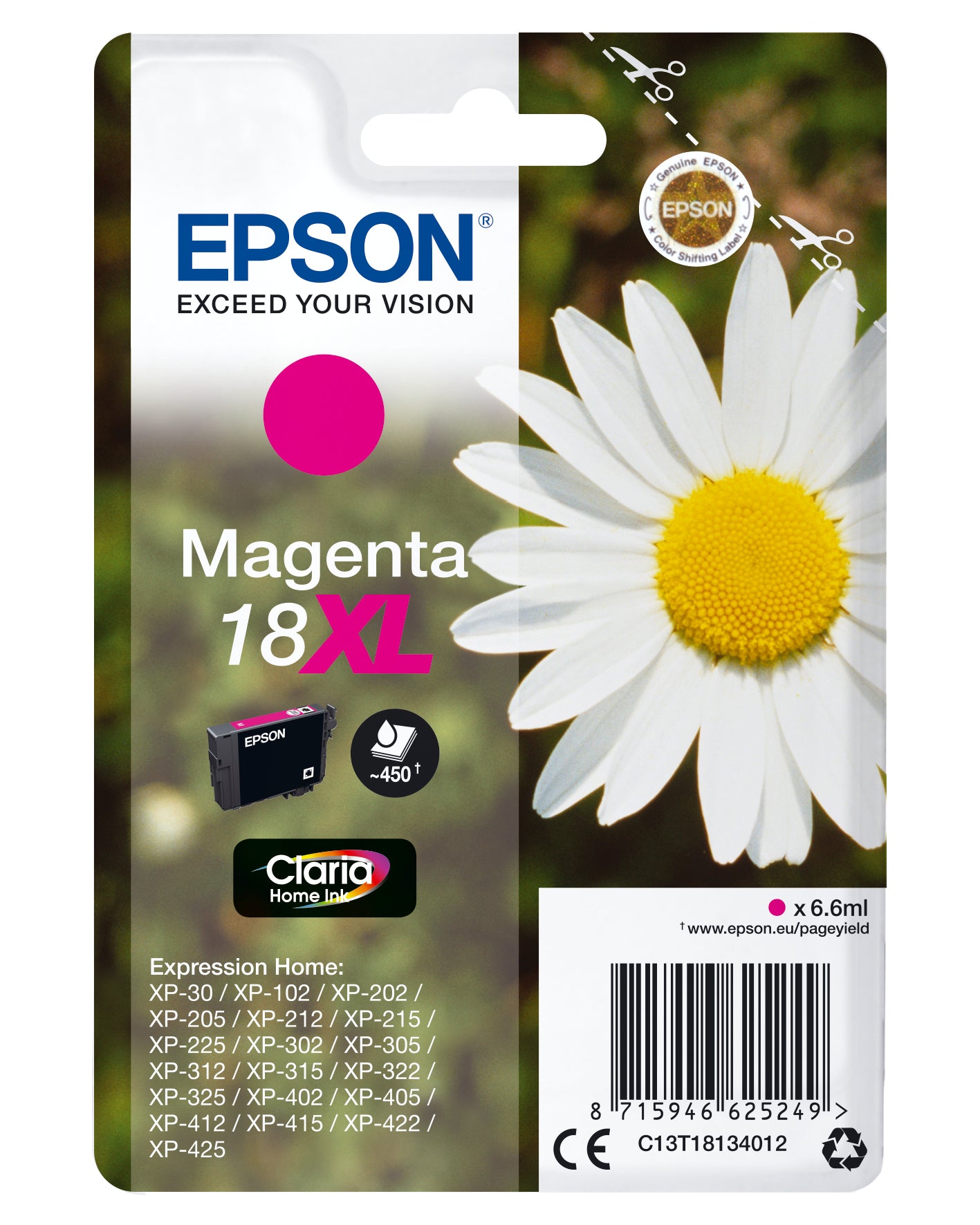 Epson 18XL Daisy Magenta Tintenpatrone (Original) – 450 Seiten – für Expression Home XP-425/XP-422/XP-415 …