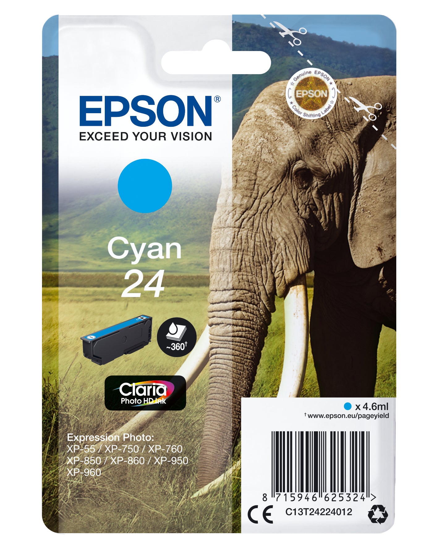 Epson 24 Cyan Tintenpatrone (Original) – 360 Seiten – für Expression Photo XP-960/XP-950/XP-860