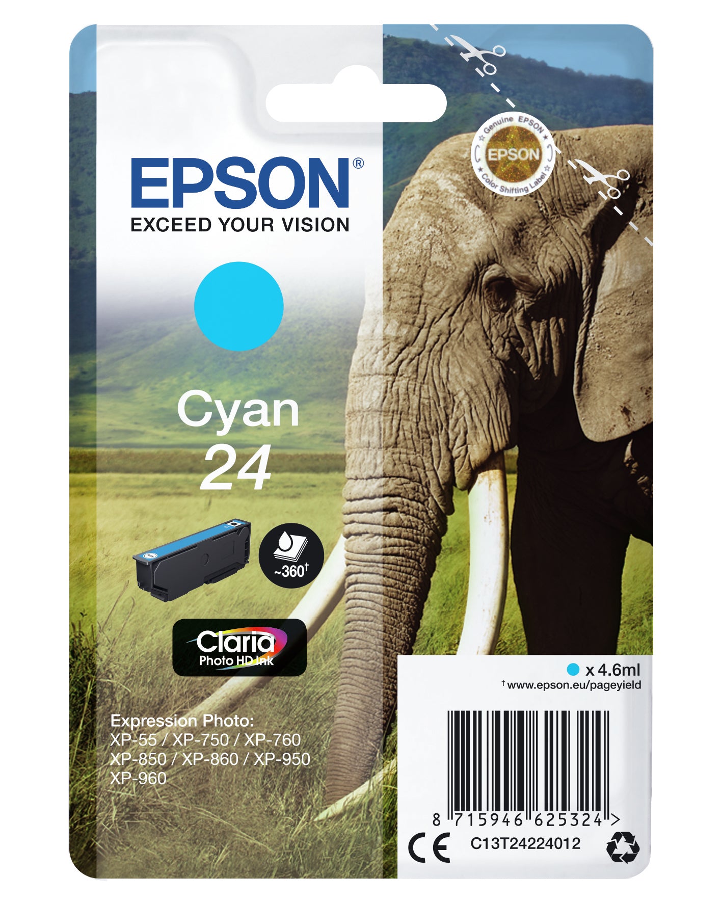 Epson 24 Cyan Tintenpatrone (Original) – 360 Seiten – für Expression Photo XP-960/XP-950/XP-860