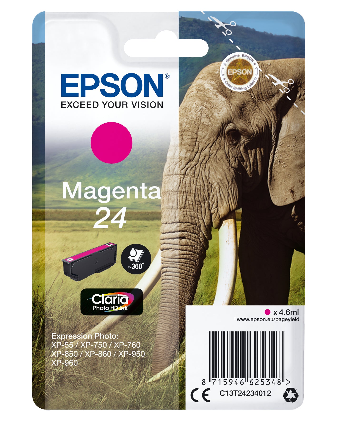 Epson 24 Magenta Tintenpatrone (Original) – 360 Seiten – für Epson Expression Photo XP-960/XP-950/XP-860 …
