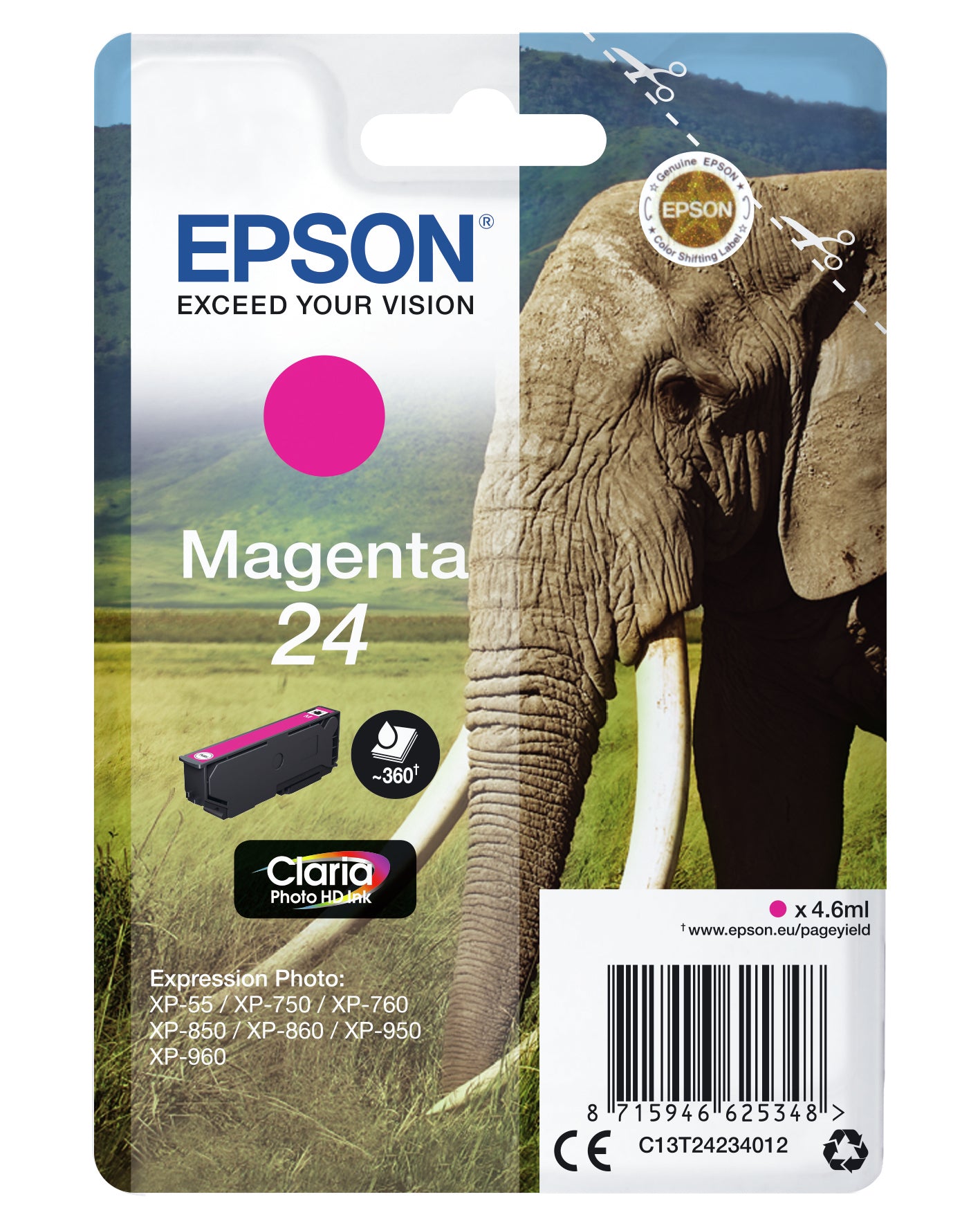 Epson 24 Magenta Tintenpatrone (Original) – 360 Seiten – für Epson Expression Photo XP-960/XP-950/XP-860 …