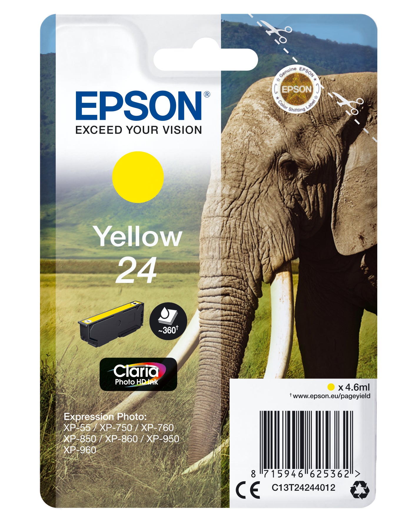 Epson 24 Gelbe Tintenpatrone (Original) – 360 Seiten – für Epson Expression Photo XP-960/950/860 …