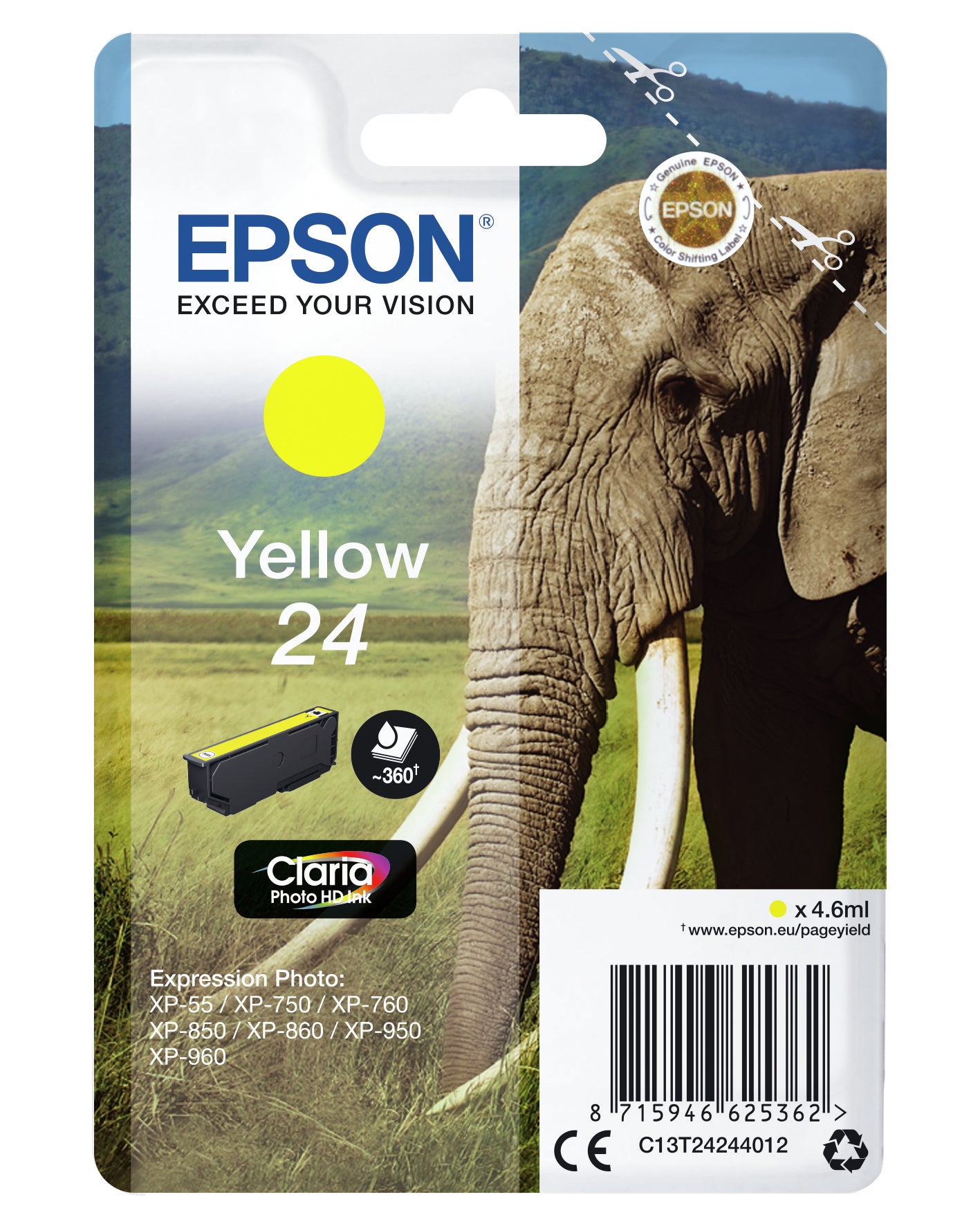 Epson 24 Gelbe Tintenpatrone (Original) – 360 Seiten – für Epson Expression Photo XP-960/950/860 …