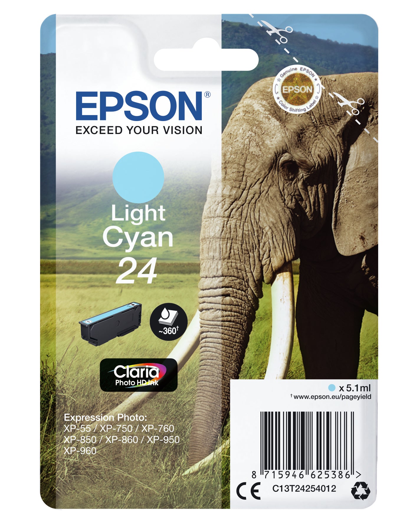 Epson 24 Cyan Tintenpatrone (Original) – 360 Seiten – für Epson Expression Photo XP-960/XP-950/XP-860 …