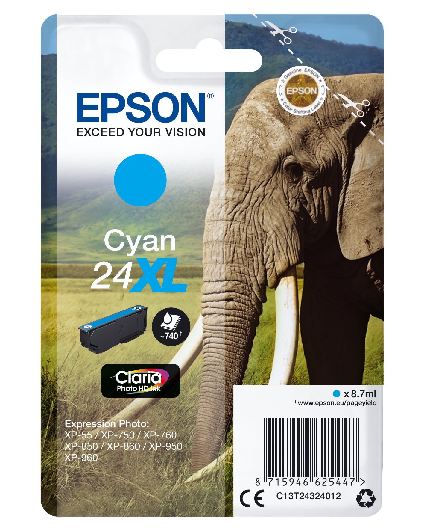 Epson 24XL Cyan Tintenpatrone (Original) – 740 Seiten – für Expression Photo XP-960/XP-950