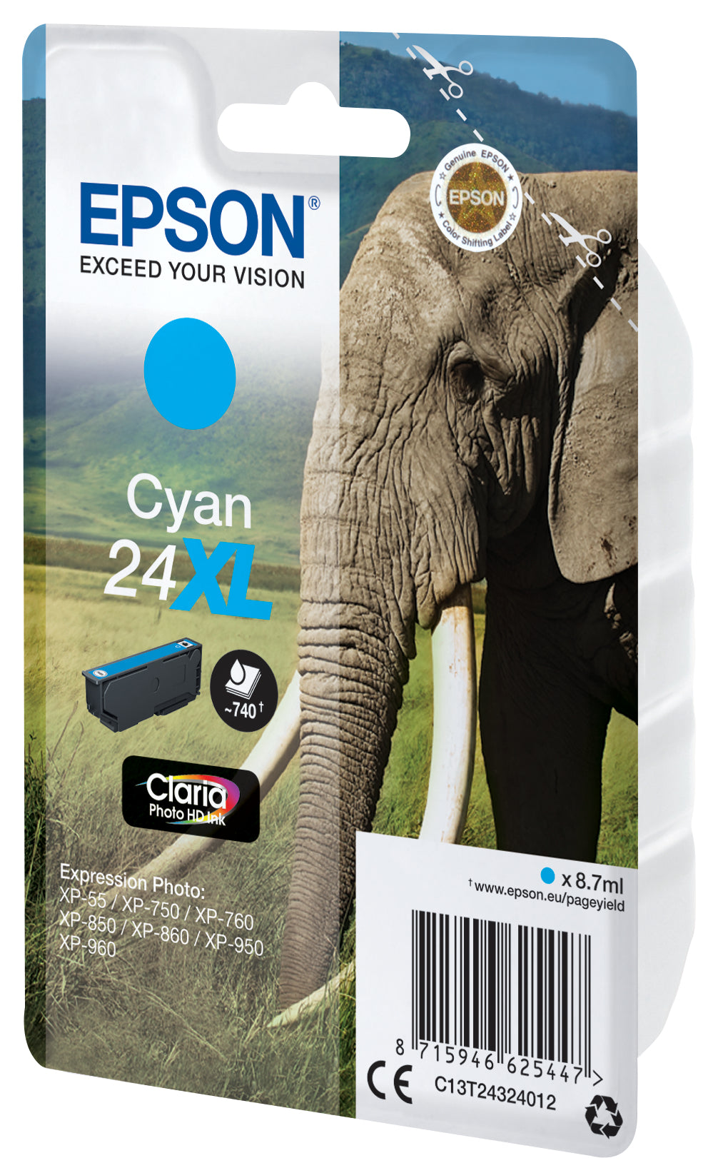 Epson 24XL Cyan Tintenpatrone (Original) – 740 Seiten – für Epson Expression Photo XP-960/XP-950/XP-860 …
