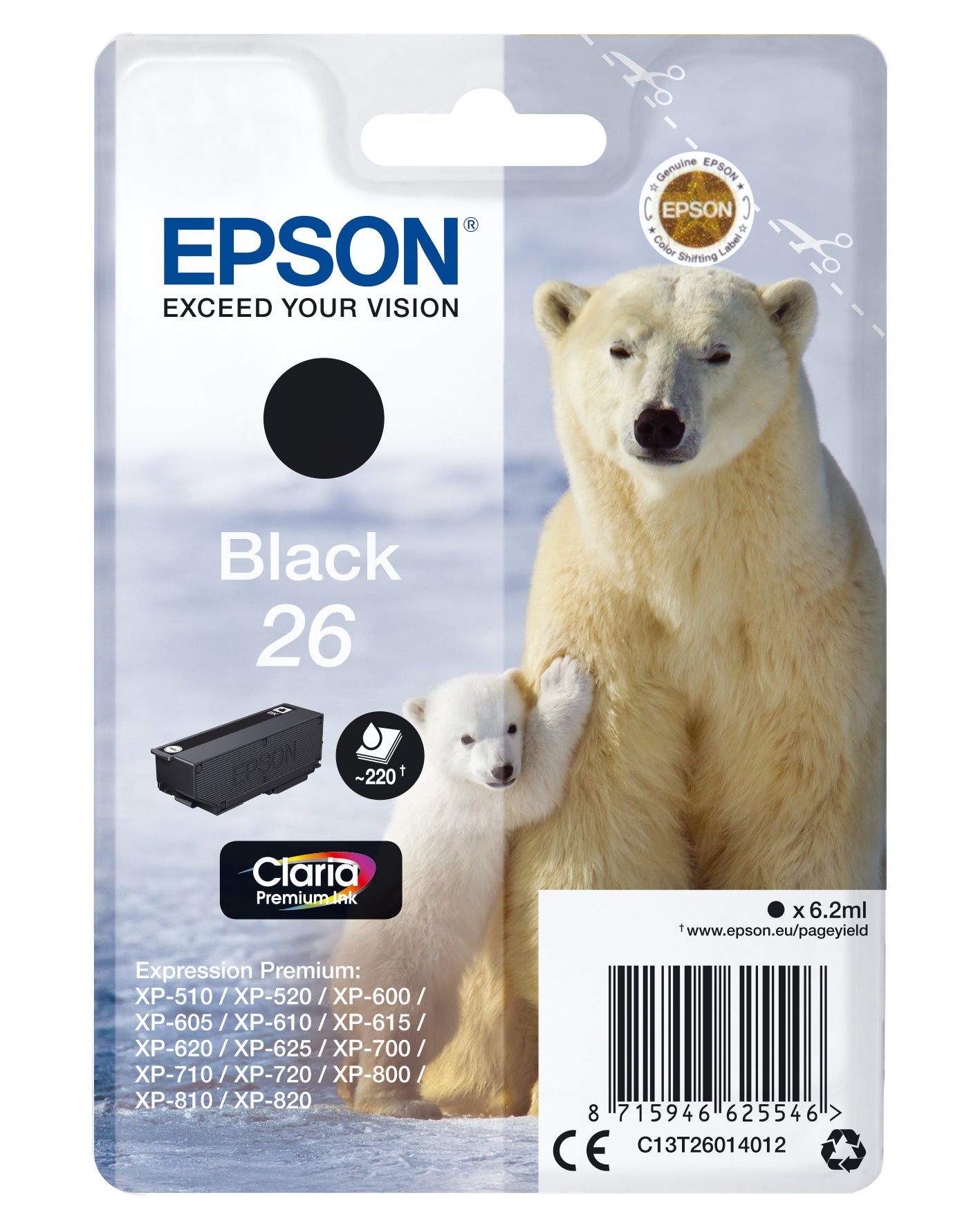 Epson 26 Schwarze Tintenpatrone (Original) – 220 Seiten – für Expression Premium XP-820/XP-720/XP-625 …