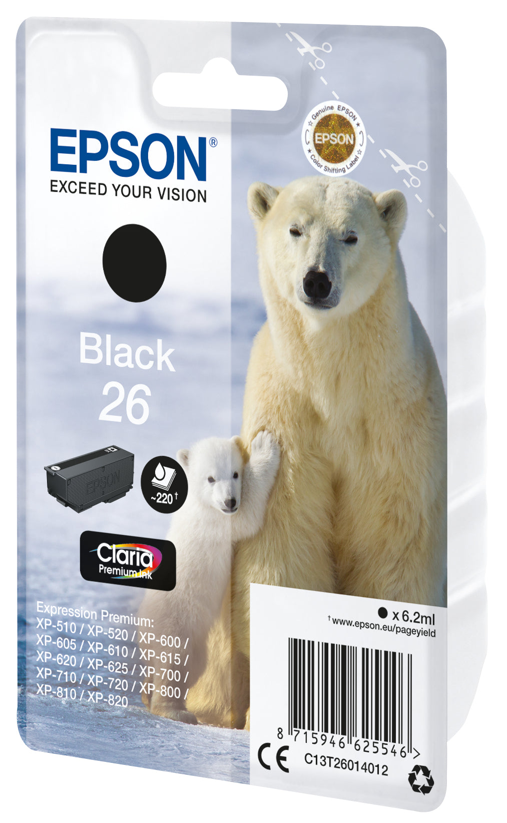 Epson 26 Schwarze Tintenpatrone (Original) – 220 Seiten – für Expression Premium XP-820/XP-720/XP-625 …