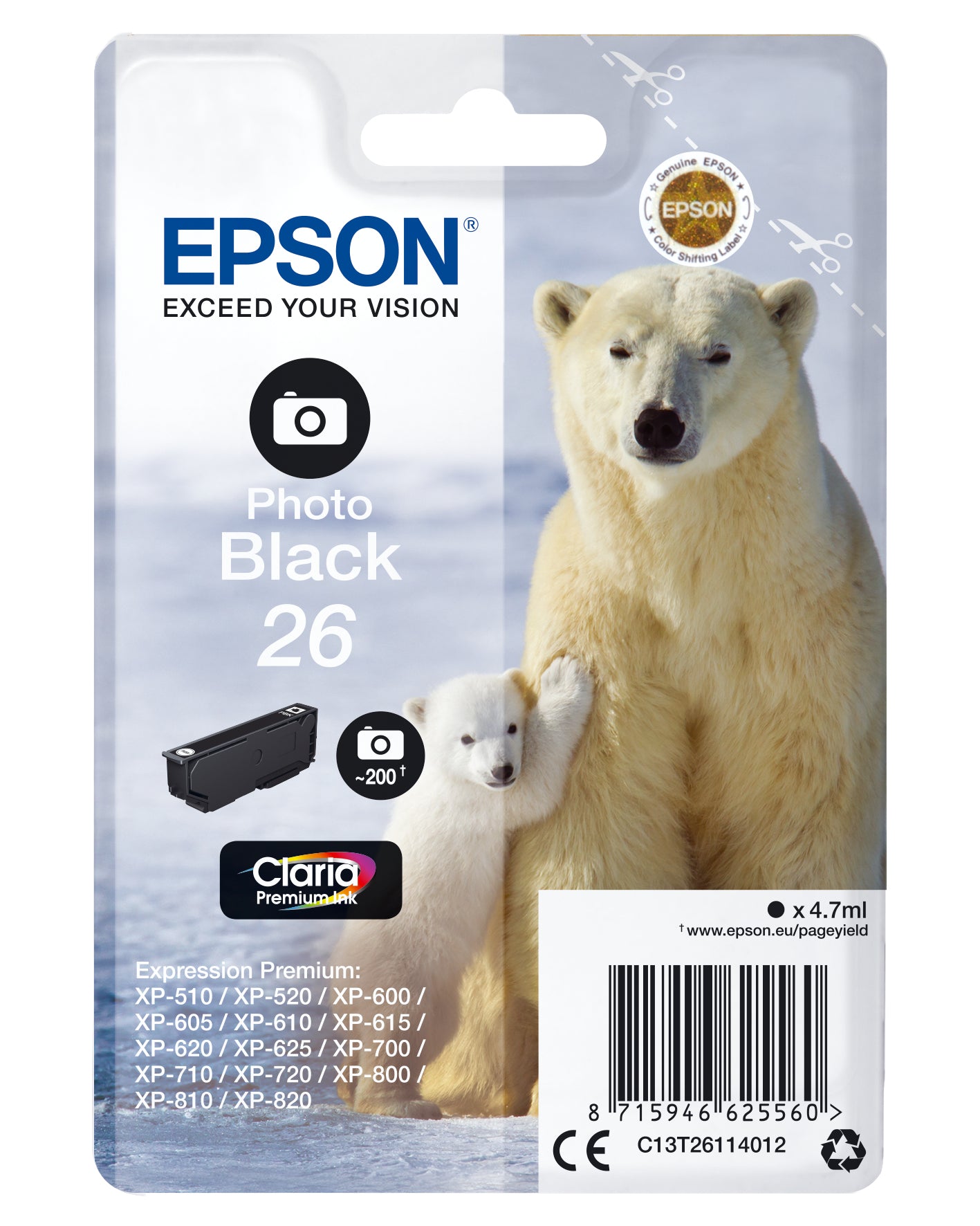 Epson 26 Foto-Schwarz Tintenpatrone (Original) – 200 Seiten – für XP-820/XP-720/XP-625 …