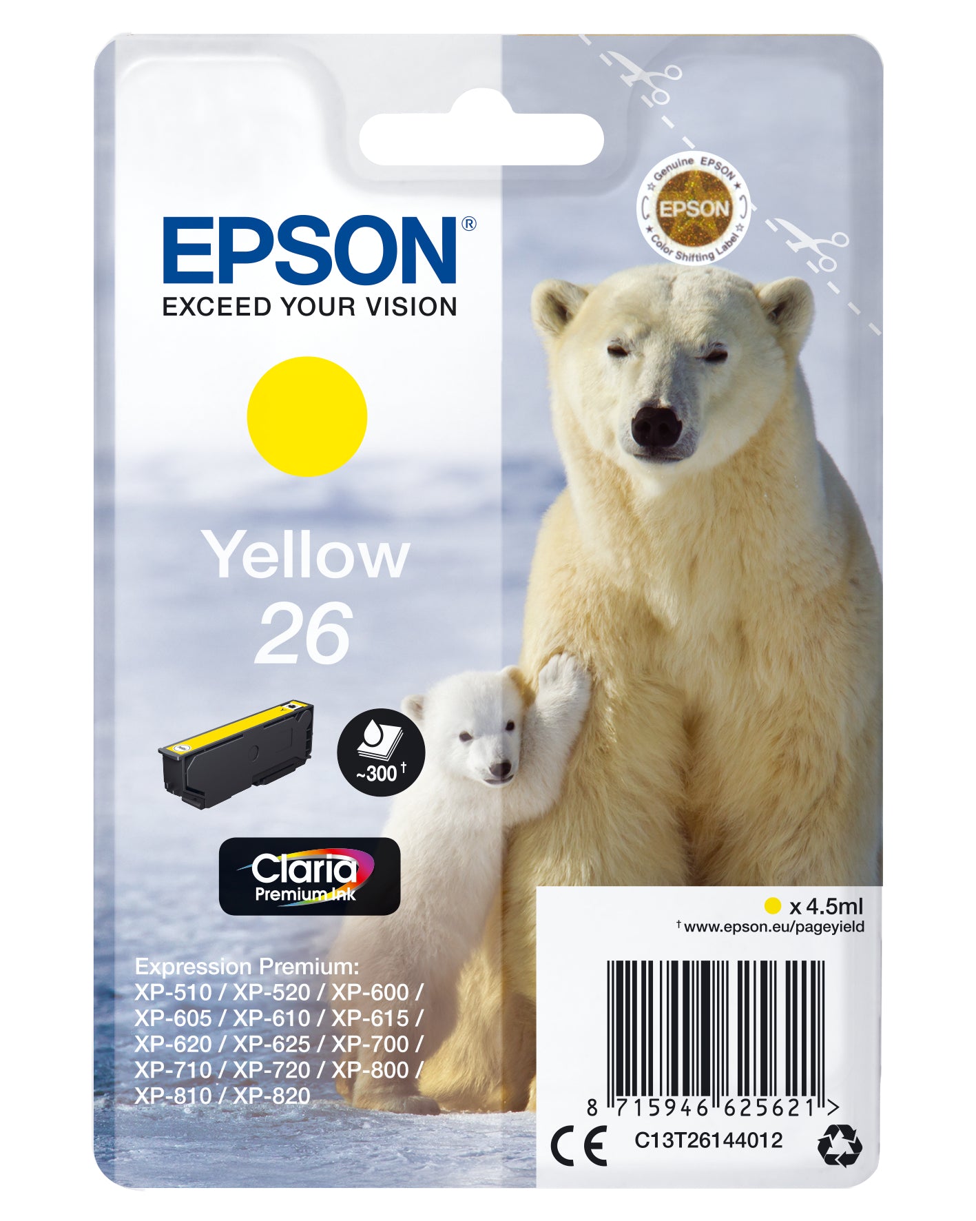 Epson Tintenpatrone 26, Gelb, 300 Seiten – für Inkjetdrucker/Multifunktionsgeräte