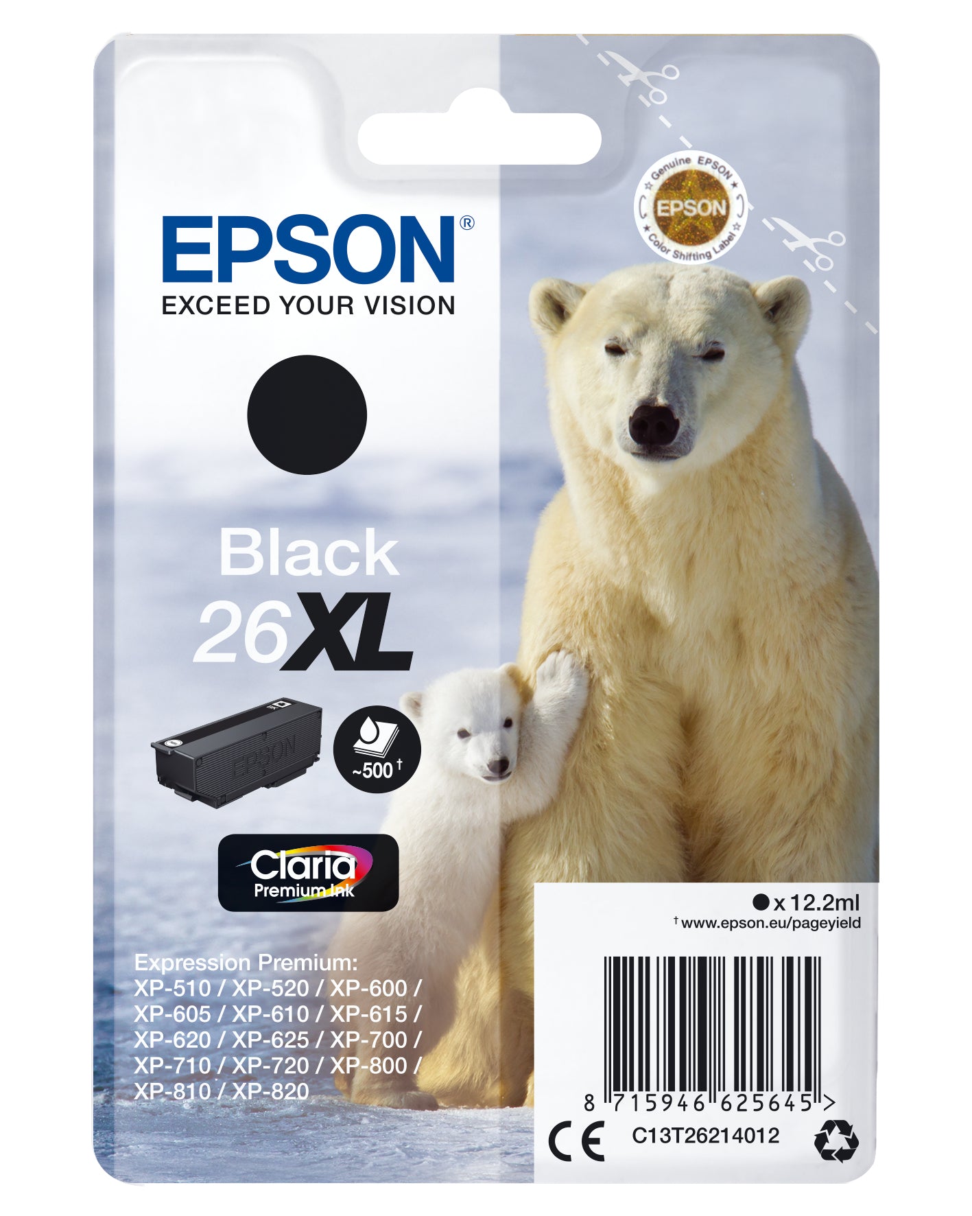 Epson 26XL Schwarz Tintenpatrone (Original) – 500 Seiten – für Expression Premium XP-820/XP-720/XP-625 …