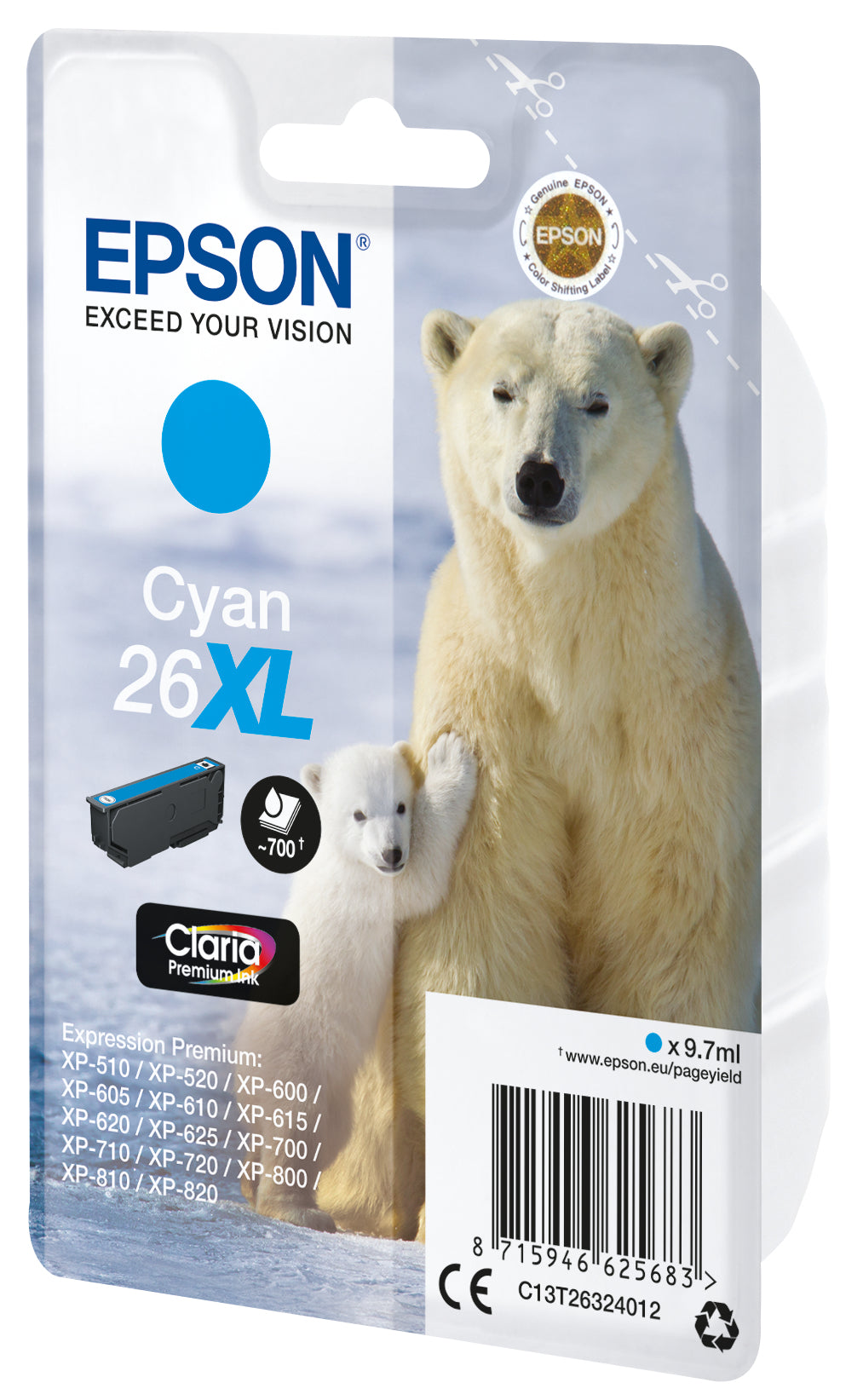 Epson 26XL Cyan Tintenpatrone (Original) – 700 Seiten – für Epson Expression Premium XP-820/XP-720/XP-625 …