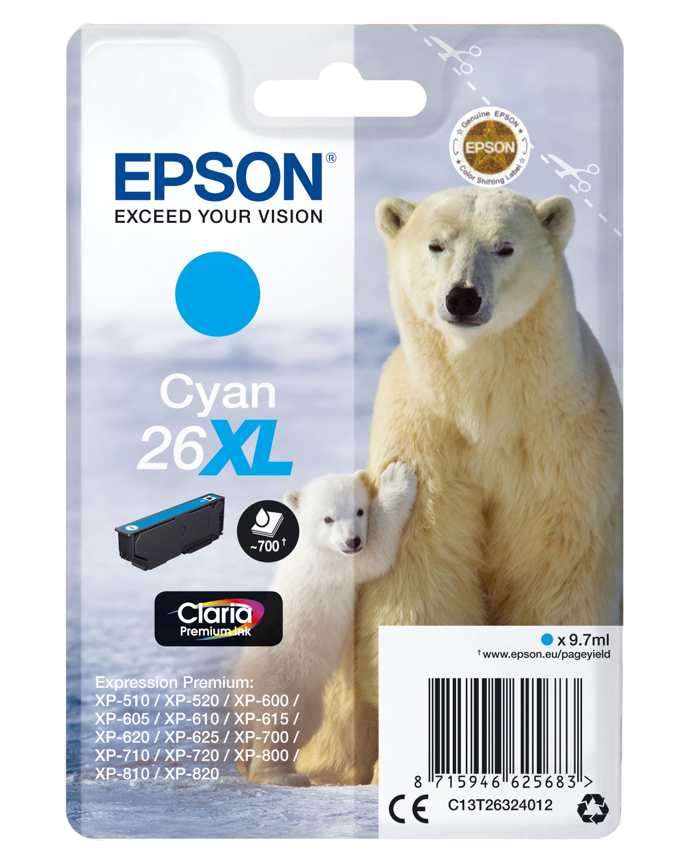 Epson 26XL Cyan Tintenpatrone (Original) – 700 Seiten – für Epson Expression Premium XP-820/XP-720/XP-625 …