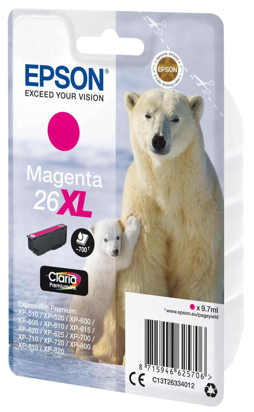 Epson 26XL Magenta Tintenpatrone (Original) – 700 Seiten – für Expression Premium XP-820/XP-720/XP-625 …