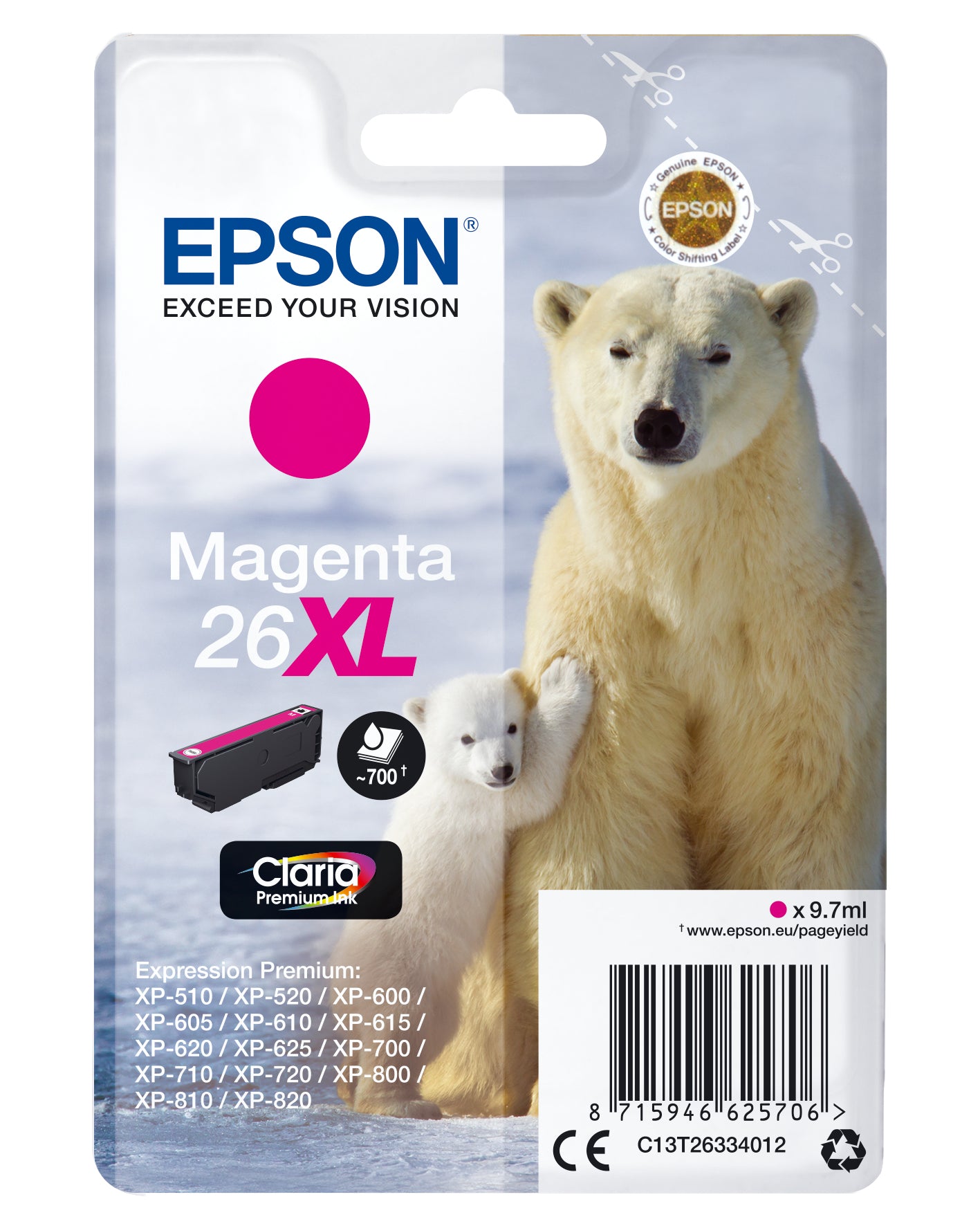 Epson 26XL Magenta Tintenpatrone (Original) – 700 Seiten – für Expression Premium XP-820/XP-720/XP-625 …