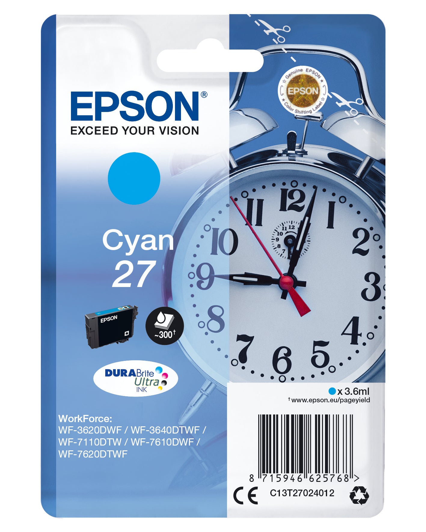 Epson T270240 Cyan Tintenpatrone (Original) – 300 Seiten – für Epson WorkForce WF-3620DWF/WF-7620DTWF